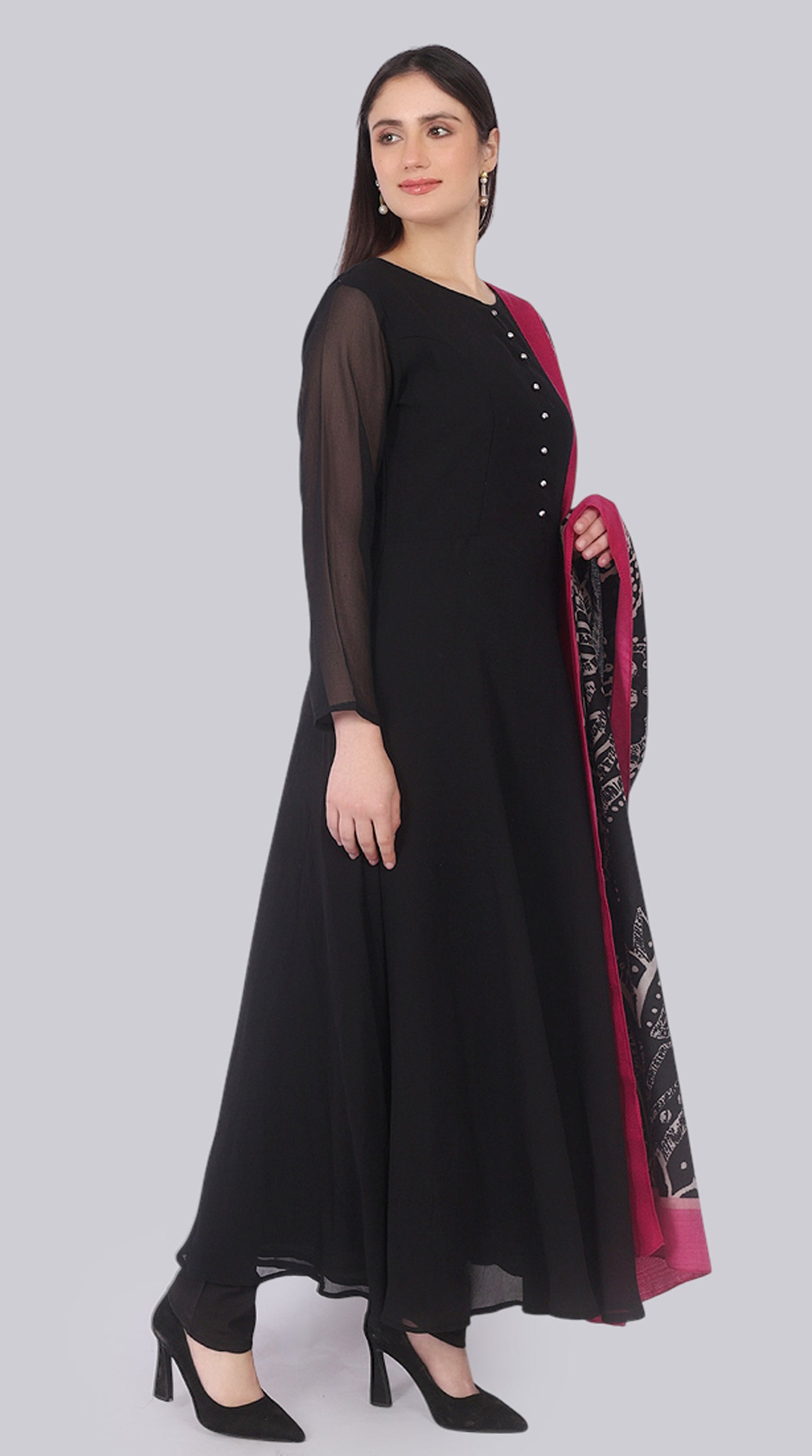 Black Georgette Bias-Cut Suit Set with Botanical Silk Dupatta