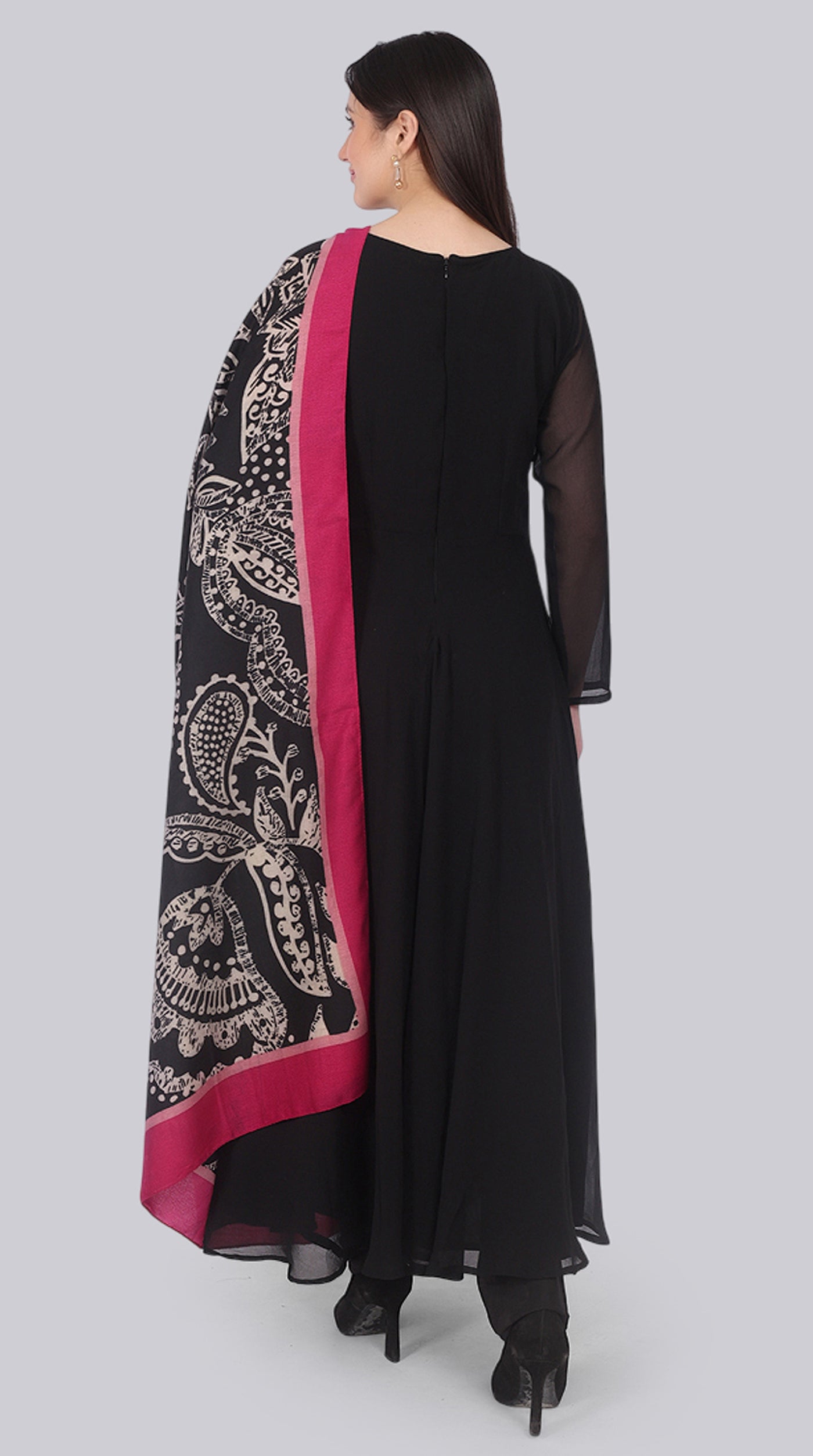 Black Georgette Bias-Cut Suit Set with Botanical Silk Dupatta