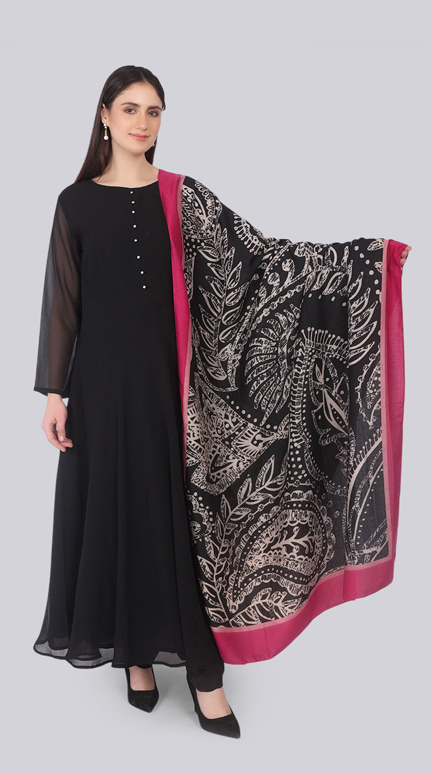 Black Georgette Bias-Cut Suit Set with Botanical Silk Dupatta