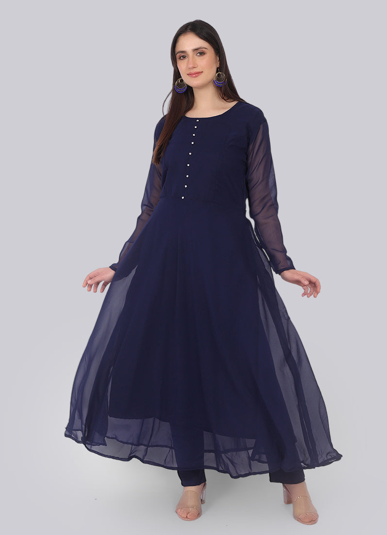 Navy Blue Georgette Bias Cut Suit Set