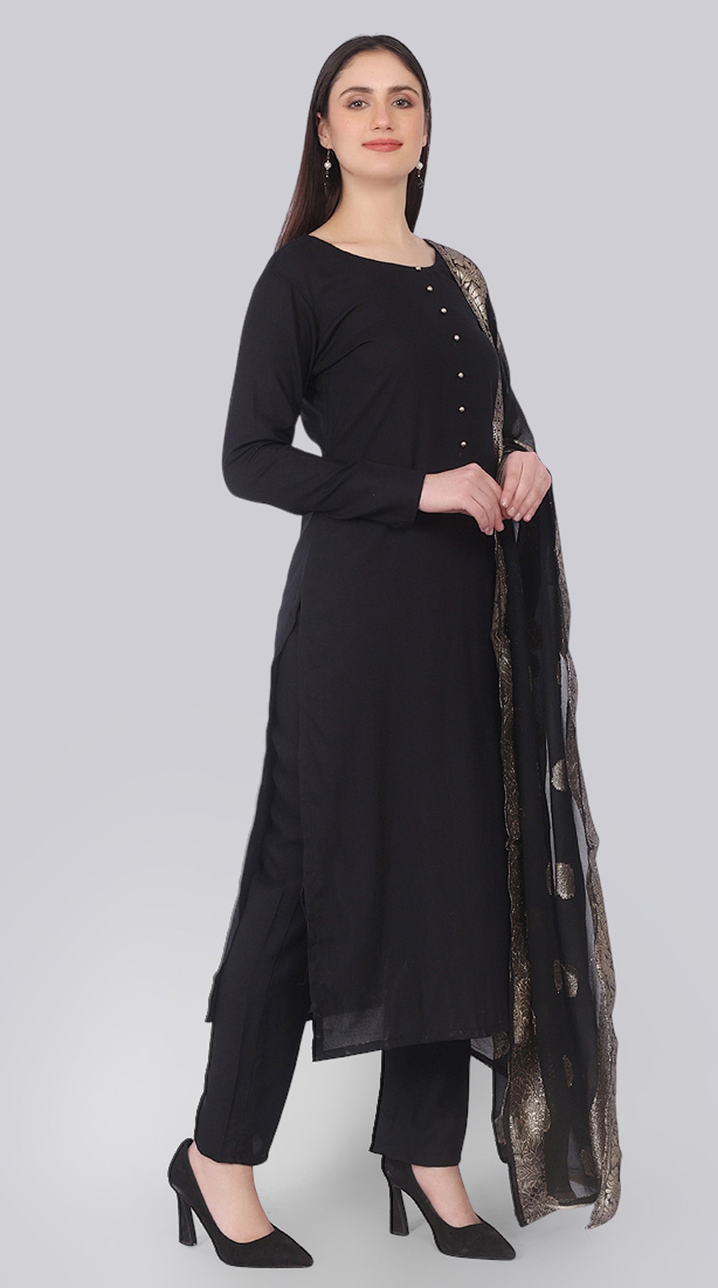 Black Rayon Straight-Cut Suit Set with Jacquard Dupatta