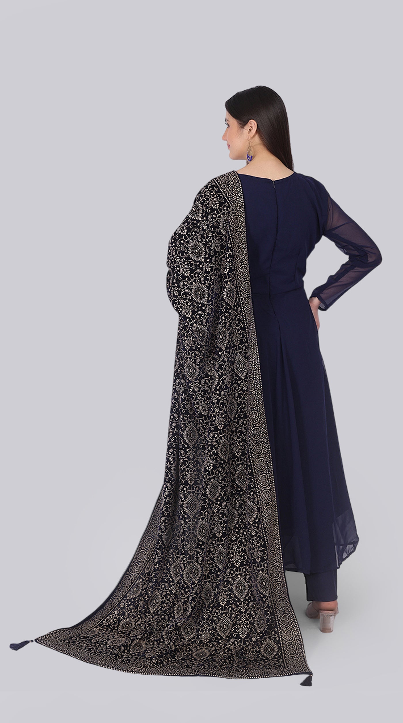 Navy Blue Georgette Bias-Cut Suit Set Velvet Dupatta