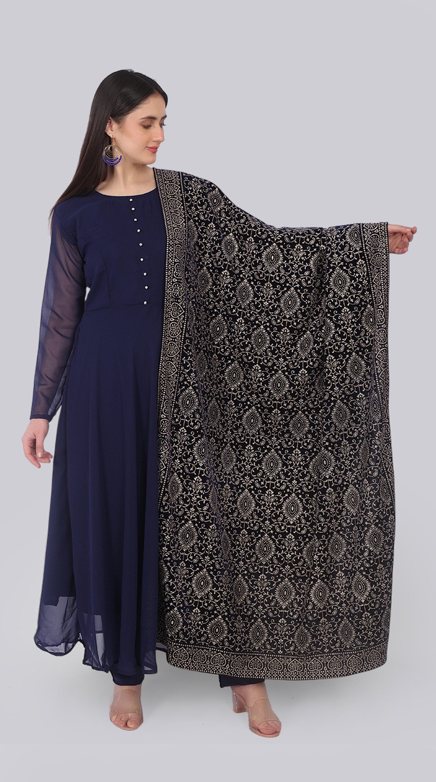 Navy Blue Georgette Bias-Cut Suit Set Velvet Dupatta