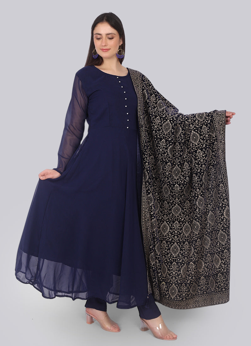 Navy Blue Georgette Bias-Cut Suit Set Velvet Dupatta