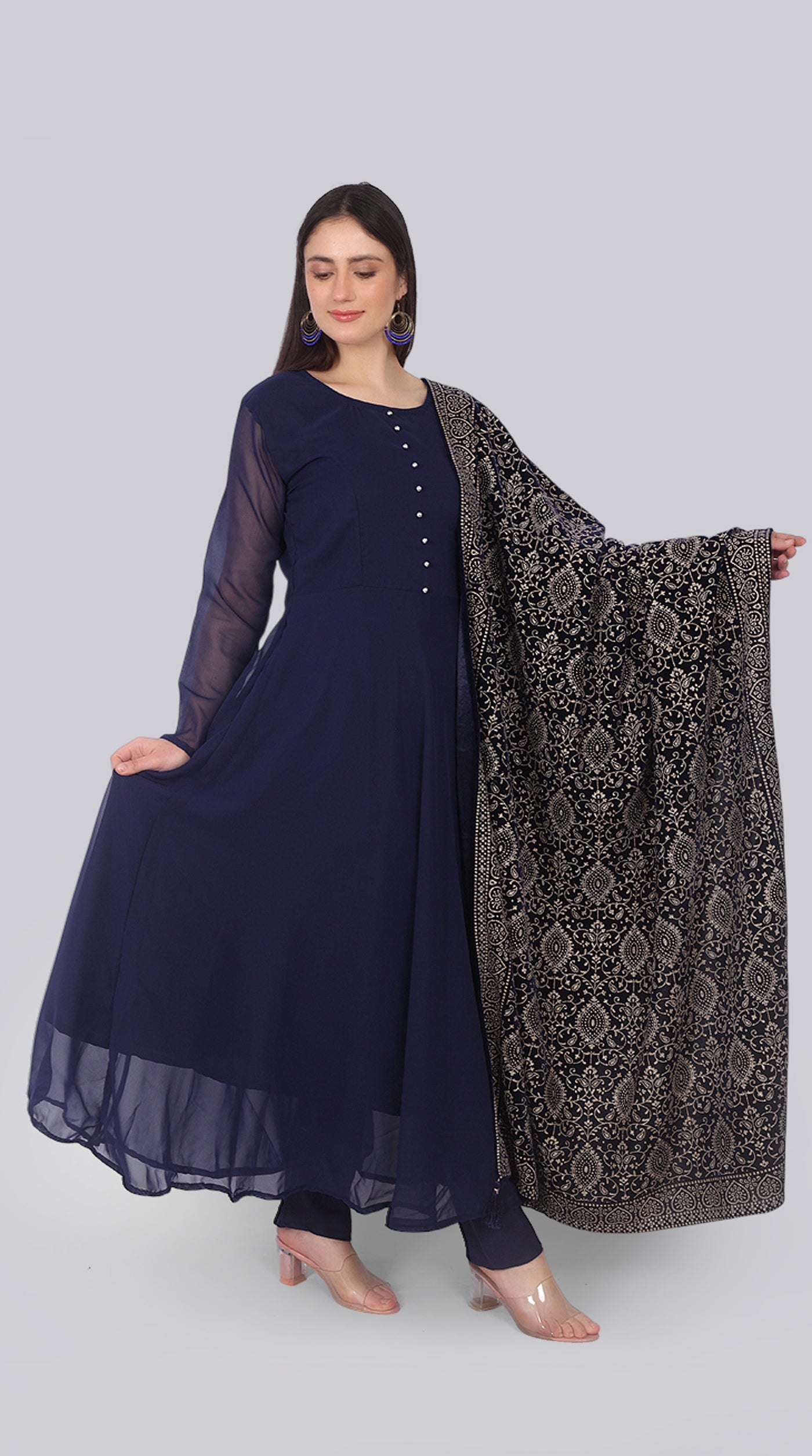 Navy Blue Georgette Bias-Cut Suit Set Velvet Dupatta