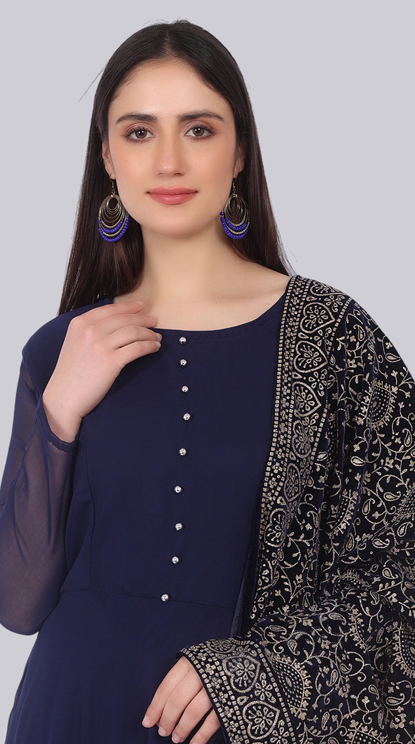 Navy Blue Georgette Bias-Cut Suit Set Velvet Dupatta