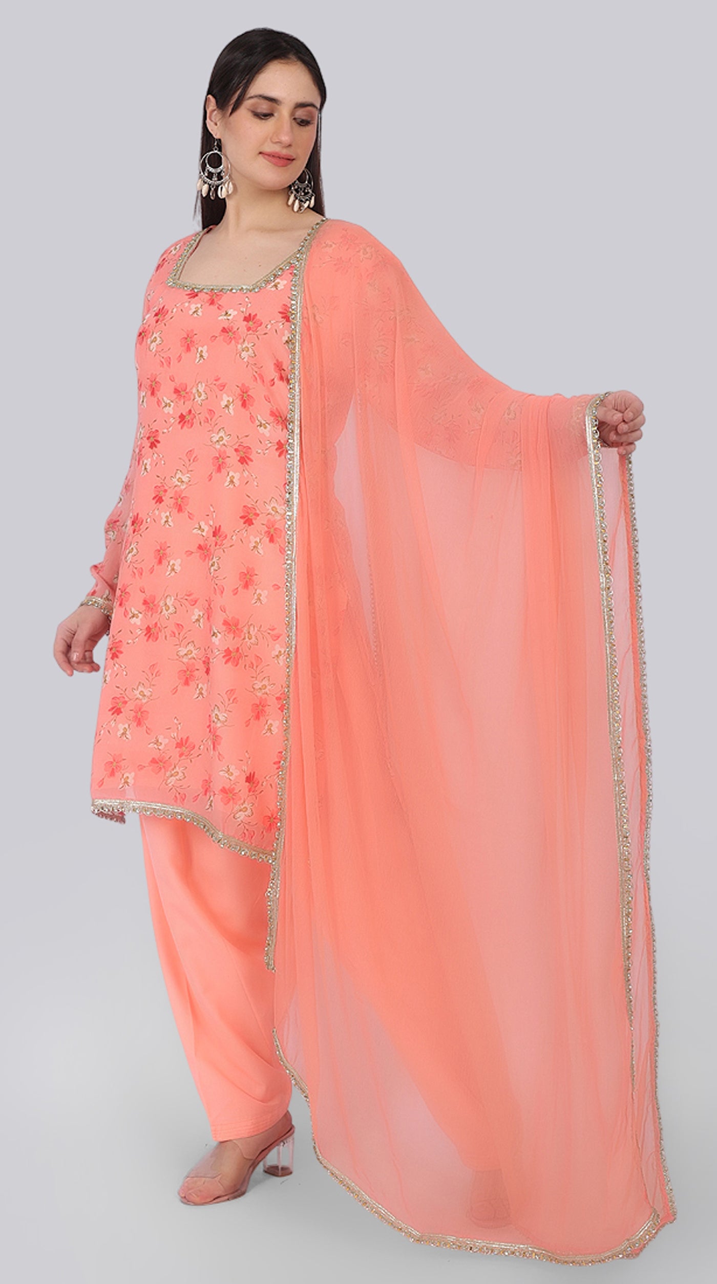 Peach Georgette Shift Suit Set with Zari Border Dupatta