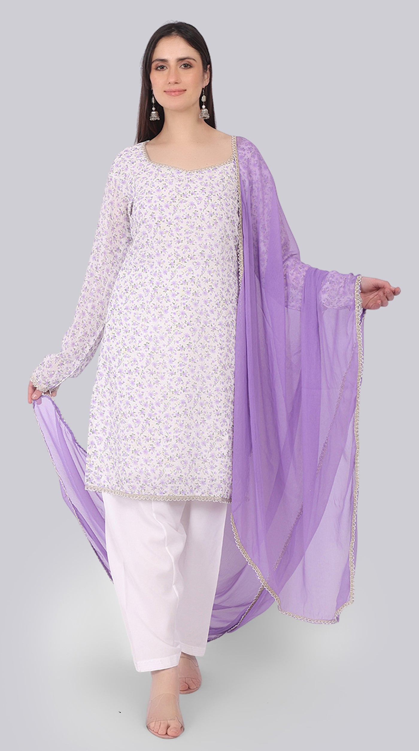 Ivory Georgette Shift Suit Set with Lavender Dupatta