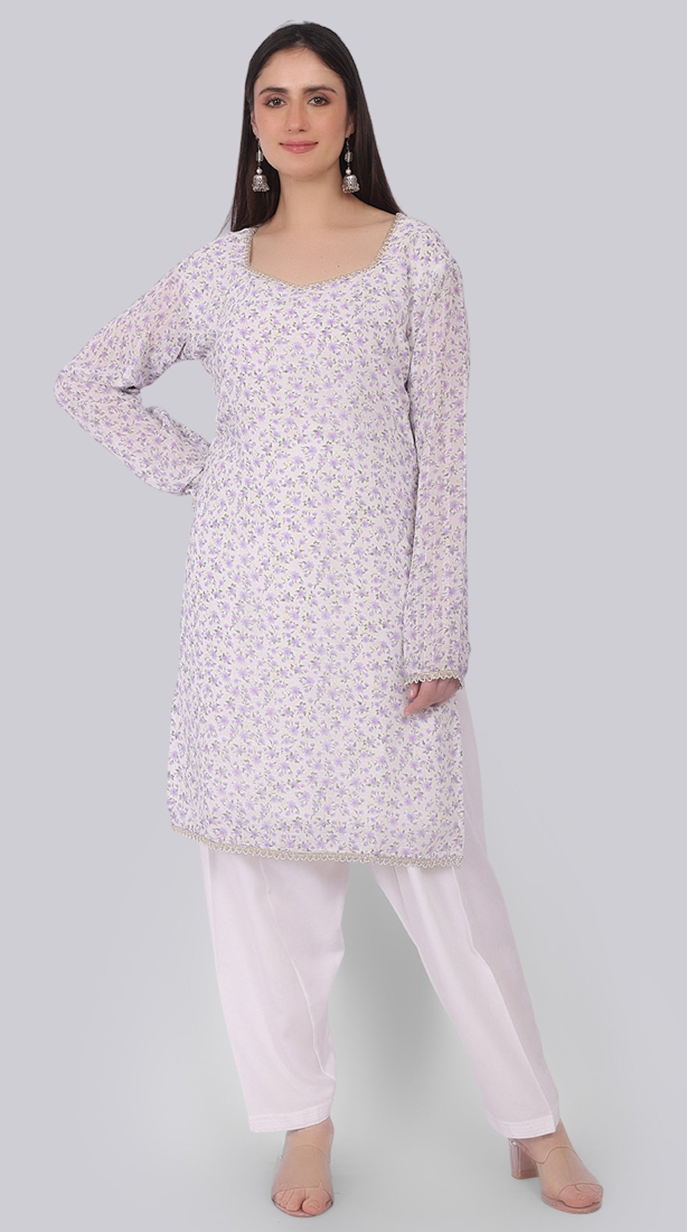 Ivory Georgette Shift Suit Set with Lavender Dupatta