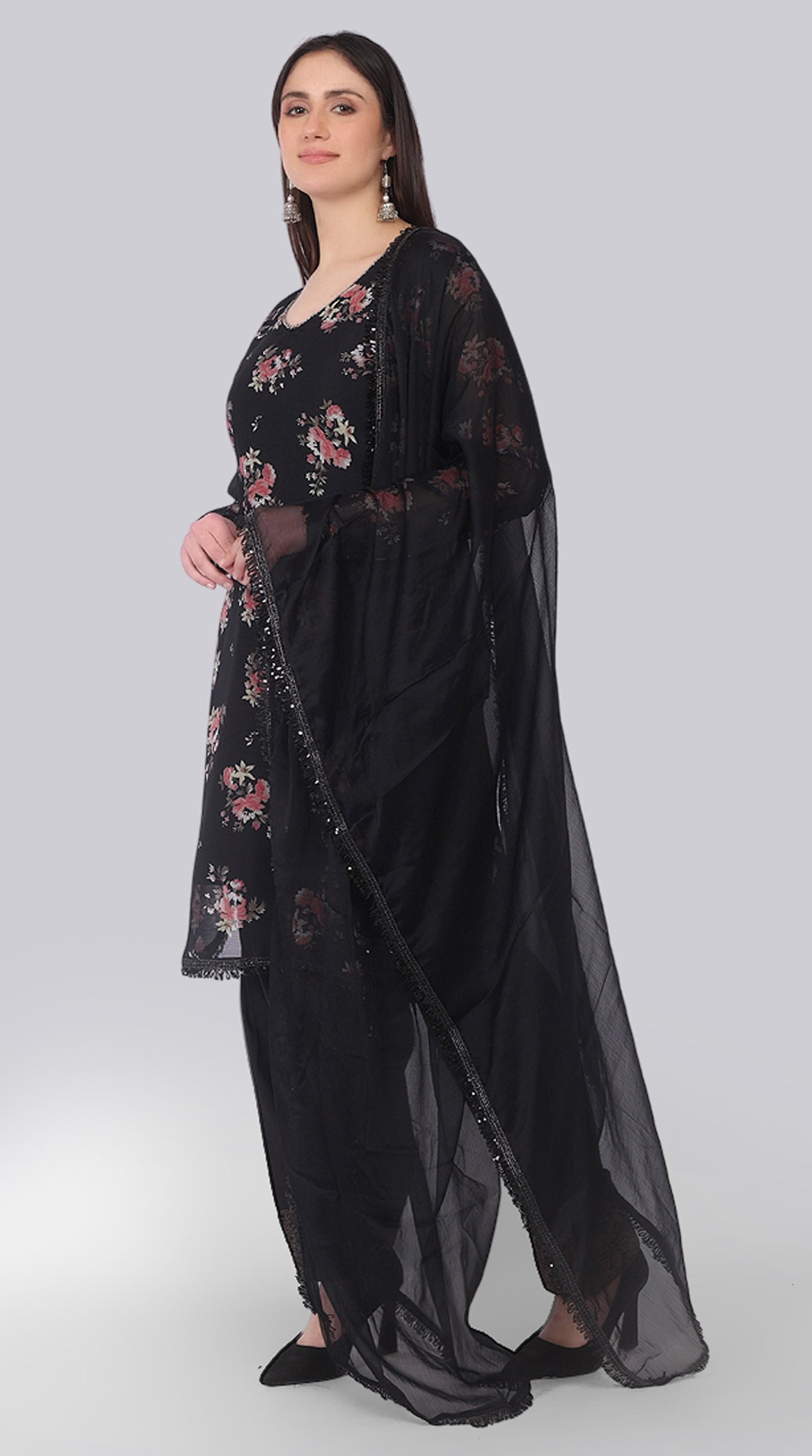 Black Georgette Pearl Embellished Shift Suit Set