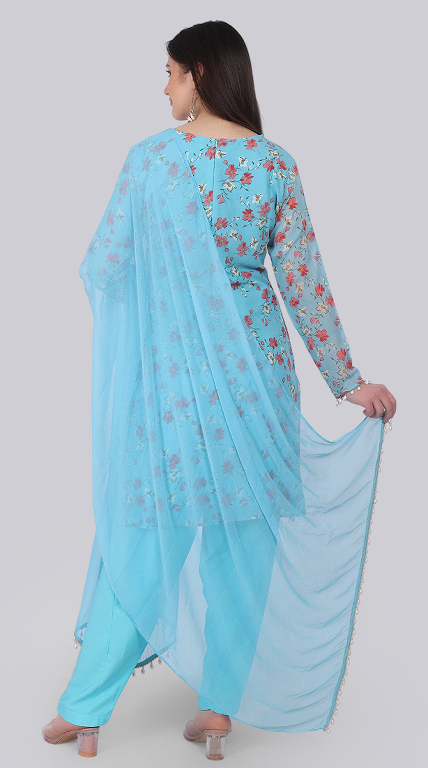 Blue Georgette Pearl Droplet Shift Suit Set