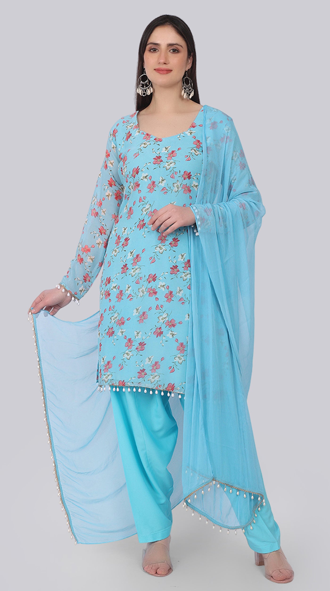 Blue Georgette Pearl Droplet Shift Suit Set