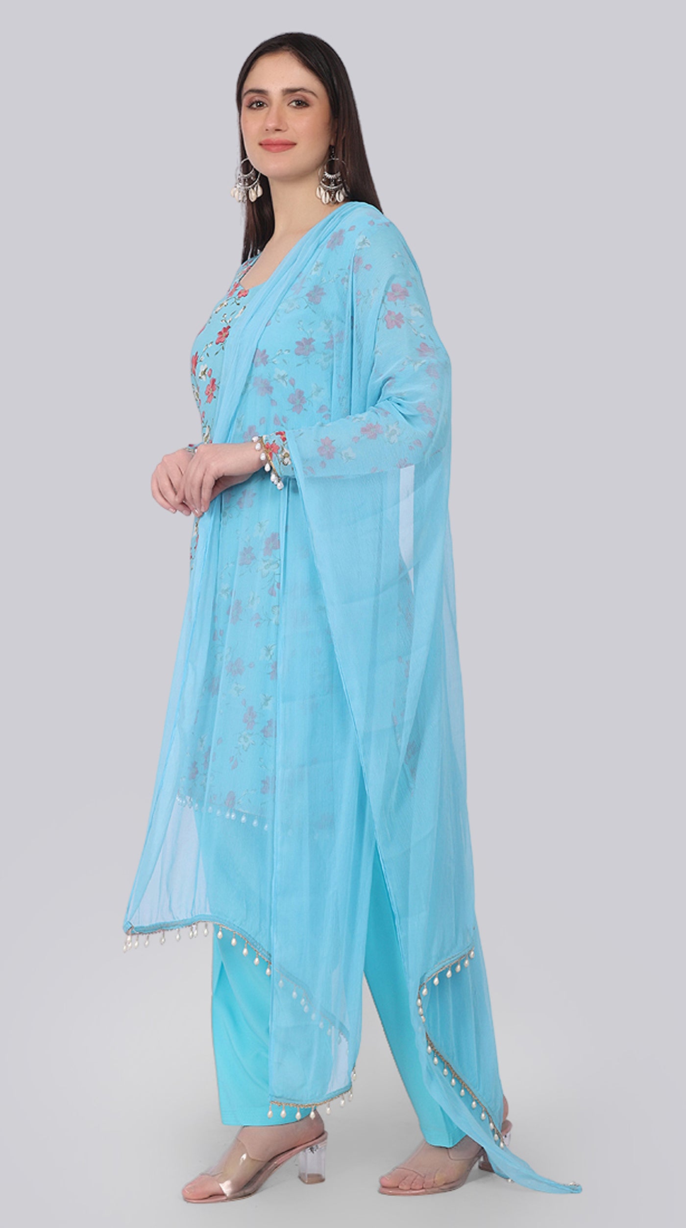 Blue Georgette Pearl Droplet Shift Suit Set
