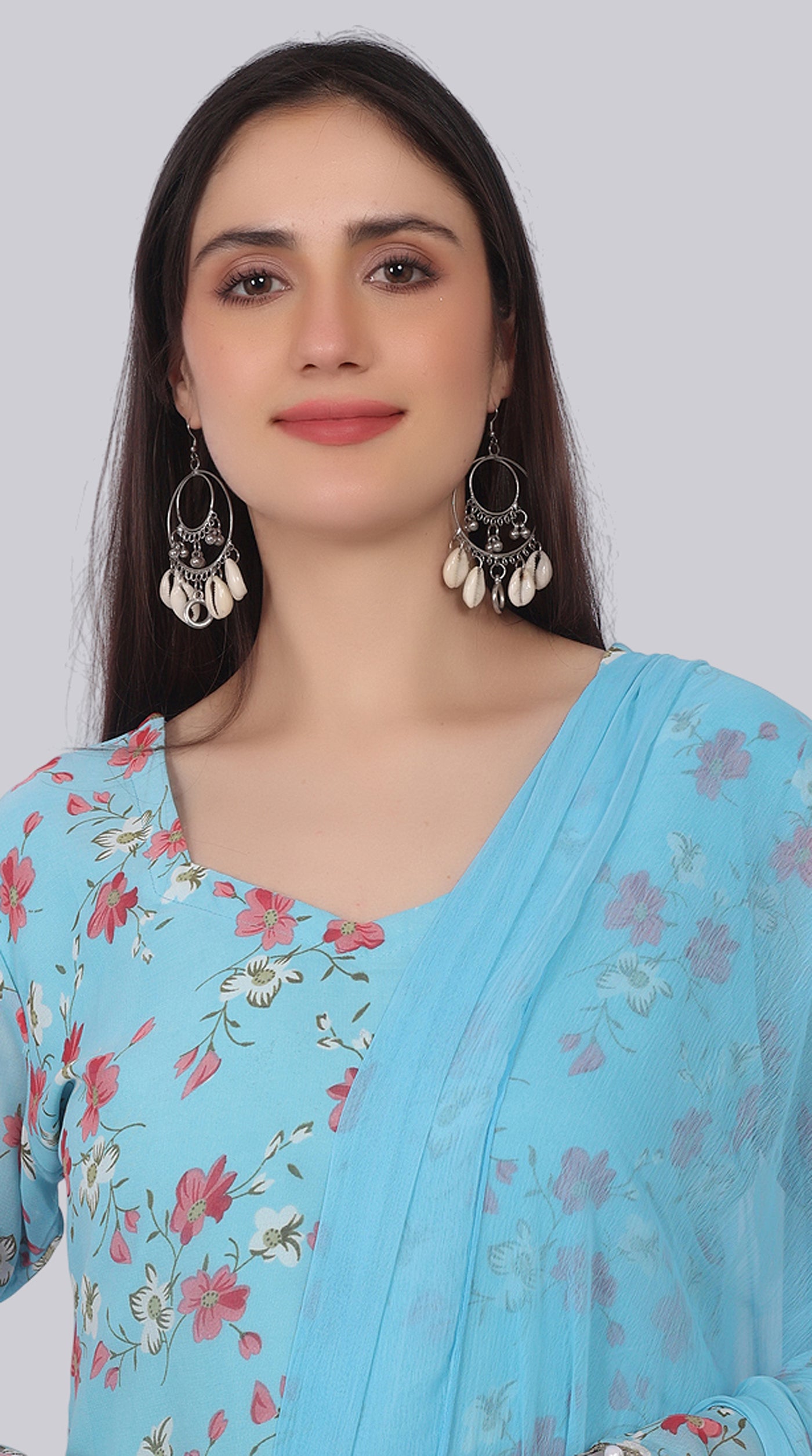 Blue Georgette Pearl Droplet Shift Suit Set