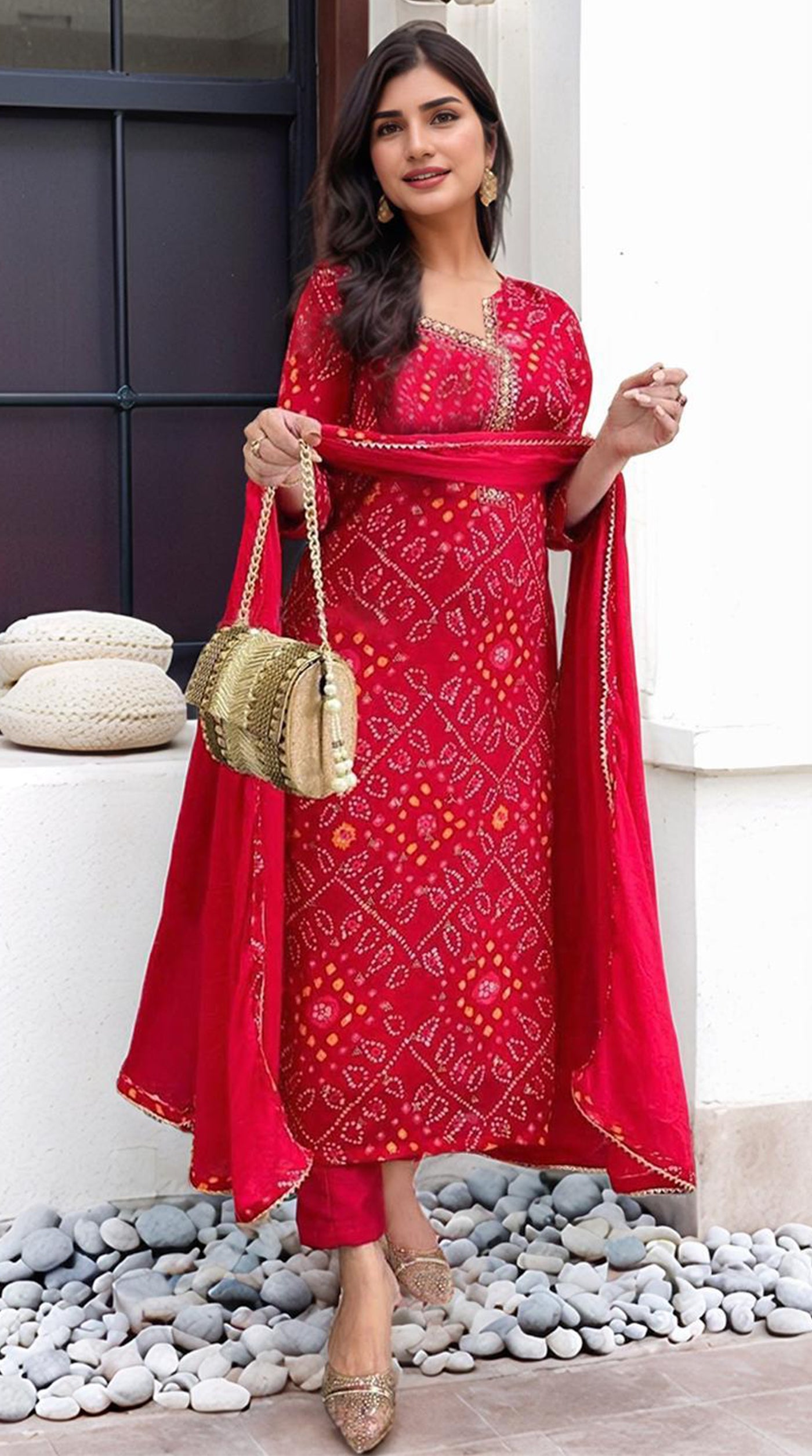 Red Rayon Printed Suit Set