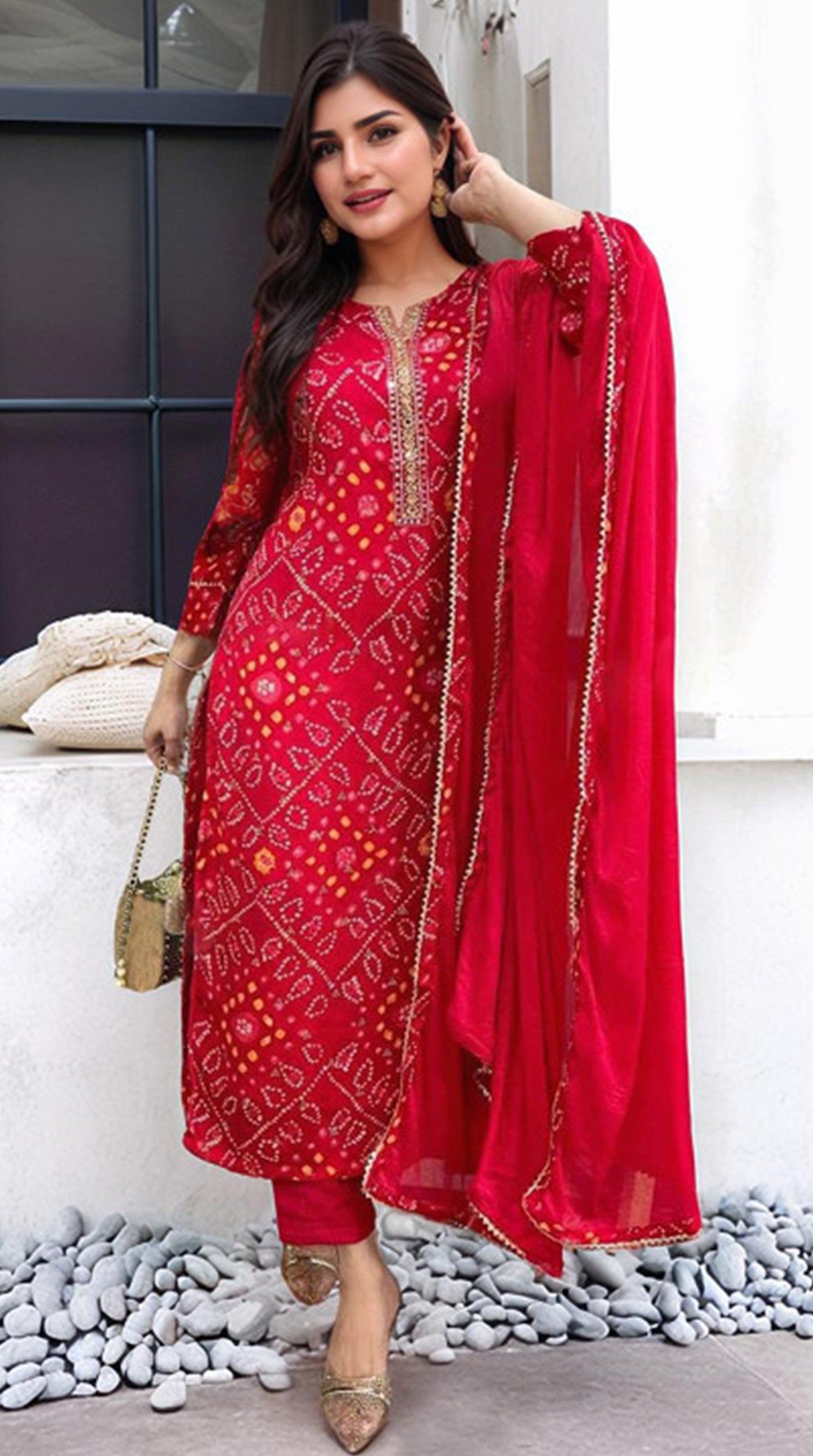 Red Rayon Printed Suit Set