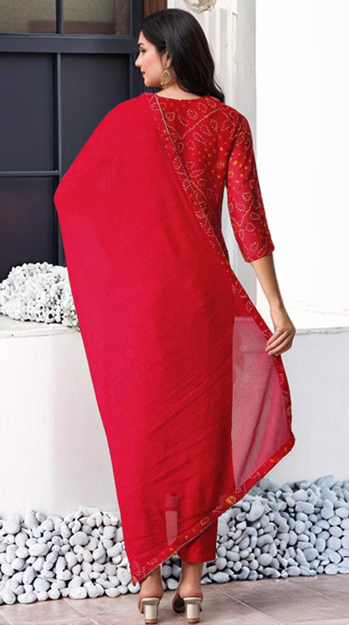 Red Rayon Printed Suit Set