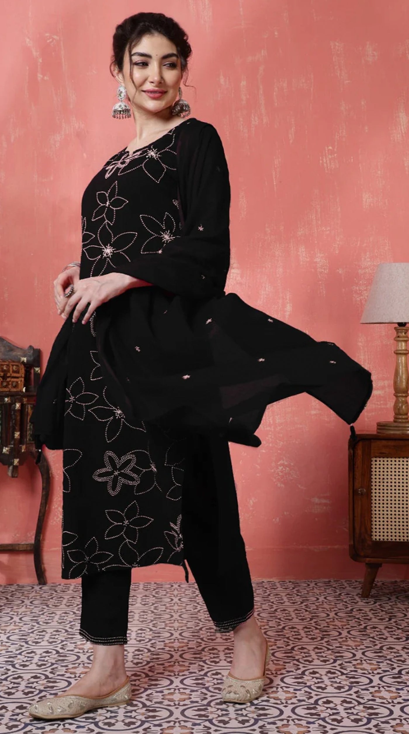 Straight Cut Black Cotton Suit Set