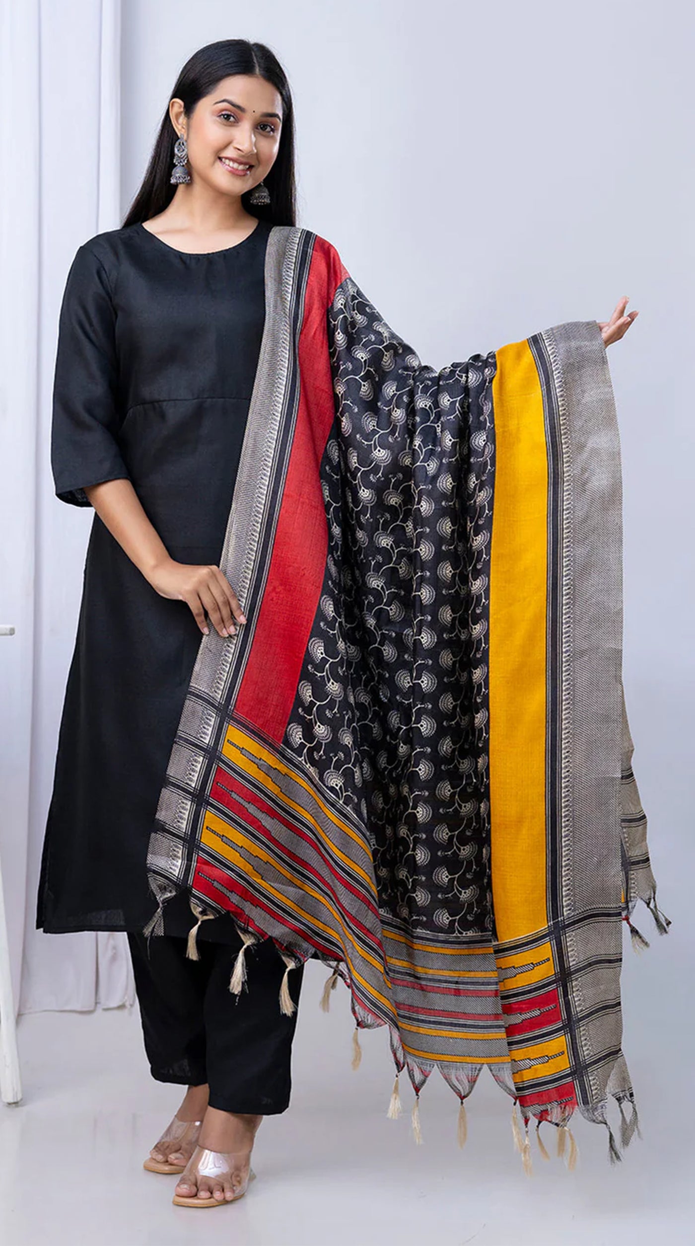 Black Cotton Printed Dupatta Suit Set