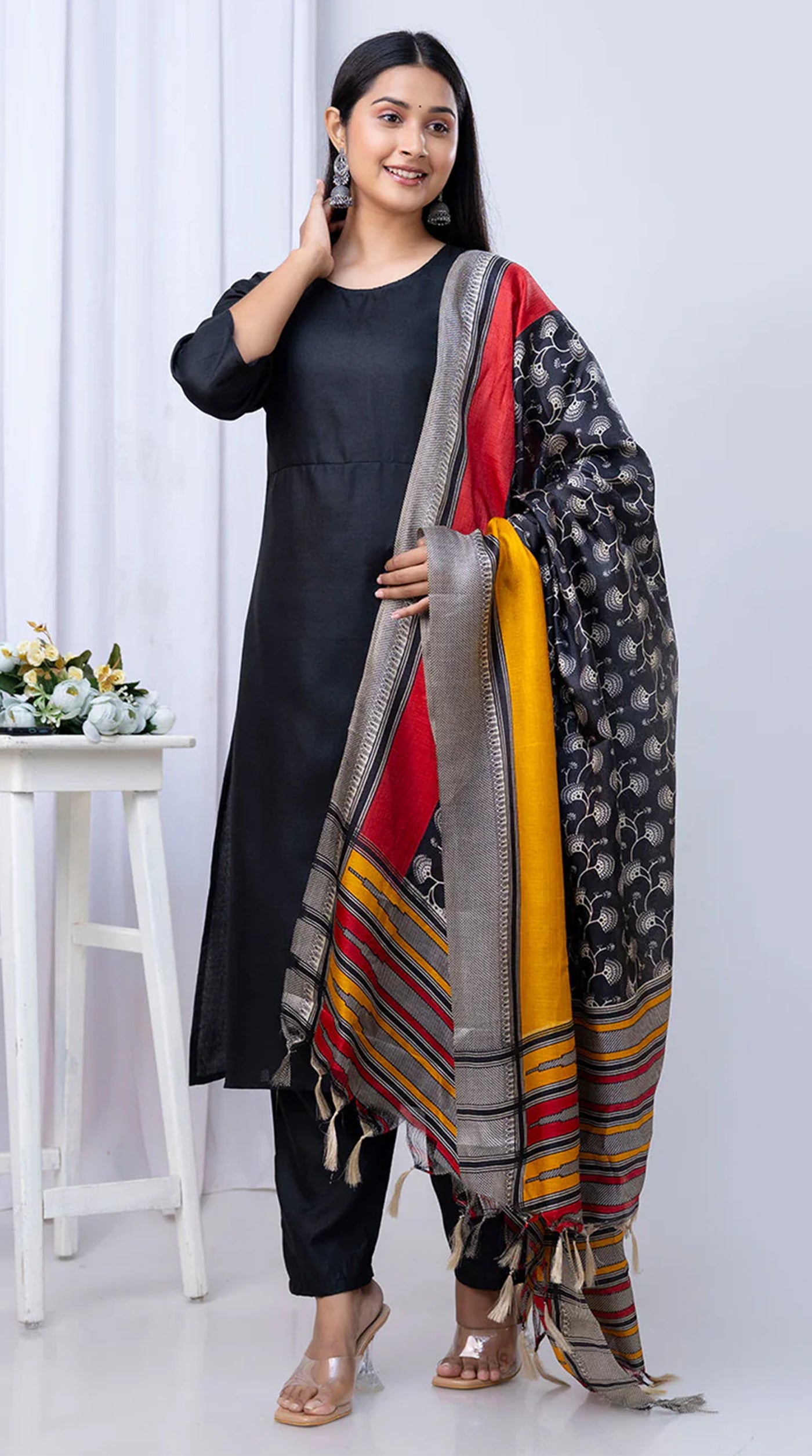 Black Cotton Printed Dupatta Suit Set