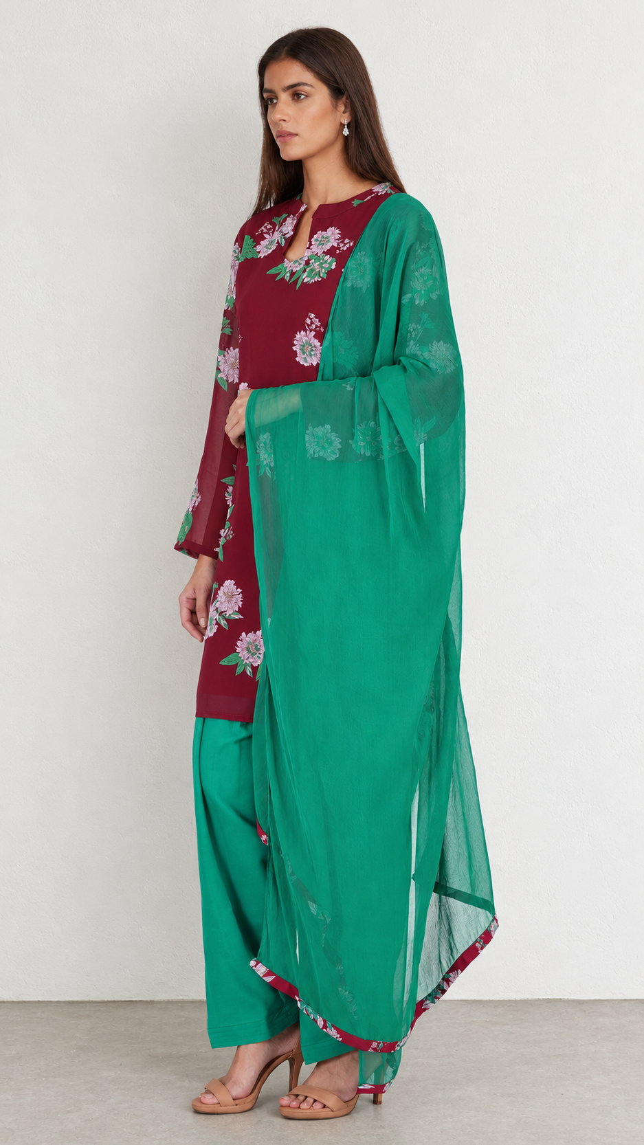 Women’s Wine Georgette Floral Print Shift Suit with Green Salwar & Chiffon Dupatta