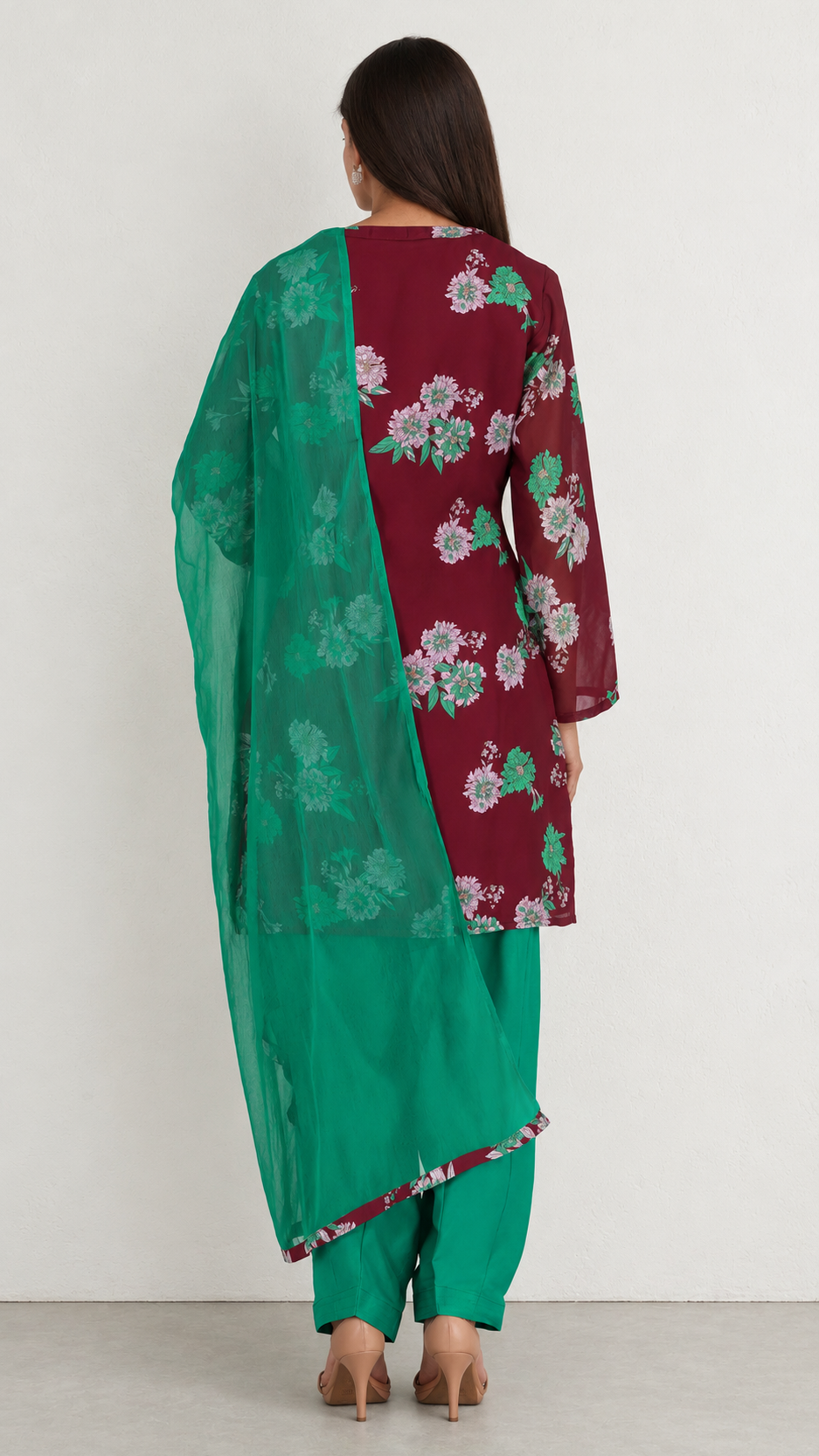 Women’s Wine Georgette Floral Print Shift Suit with Green Salwar & Chiffon Dupatta