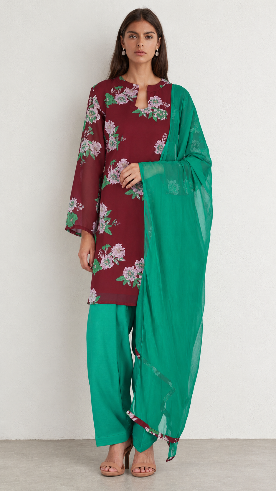 A woman modeling a traditional three-piece salwar kameez suit. The kurta is deep maroon with a pink and green floral print, paired with solid green wide-leg pants and a matching sheer green dupatta.