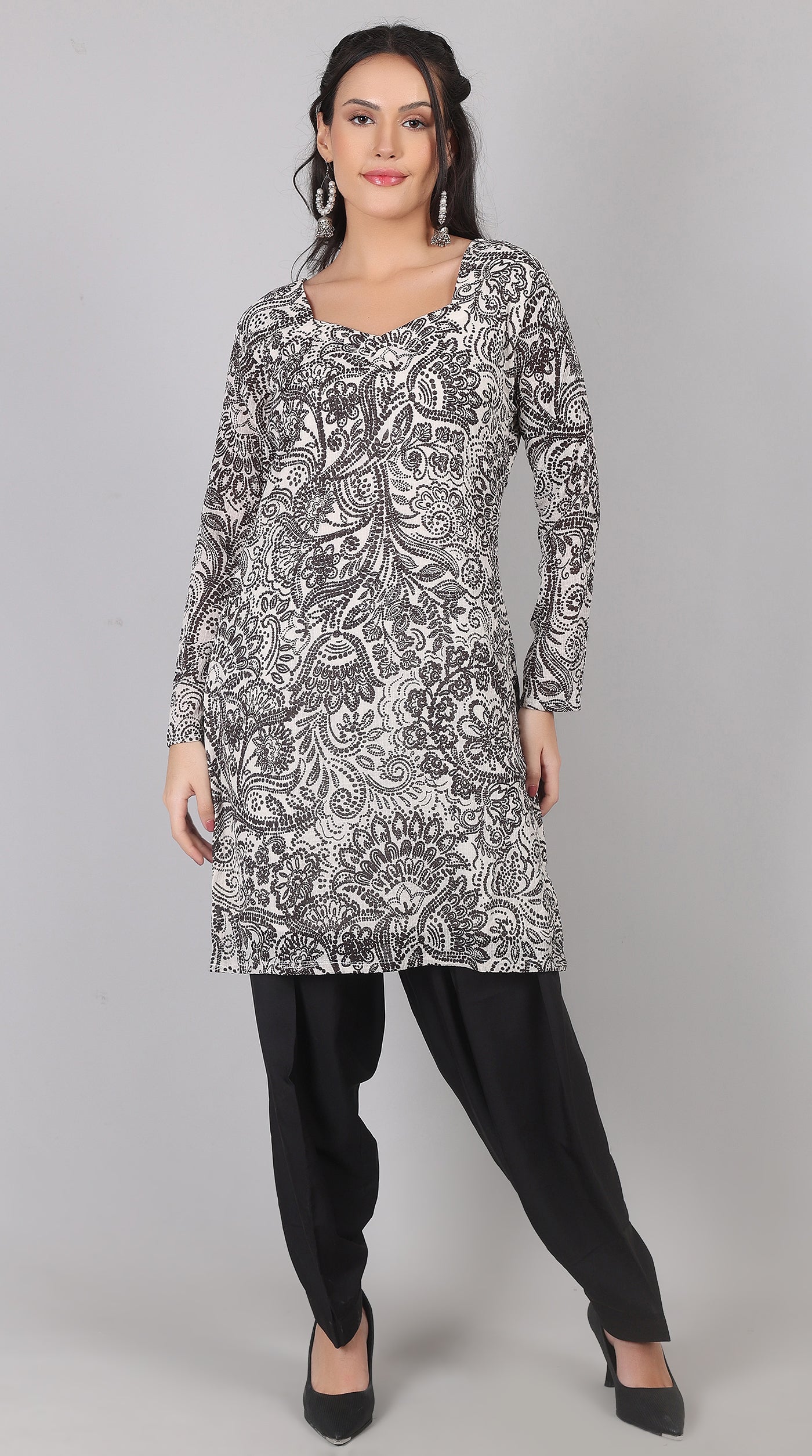 White Georgette Suit with Black Chiffon Dupatta