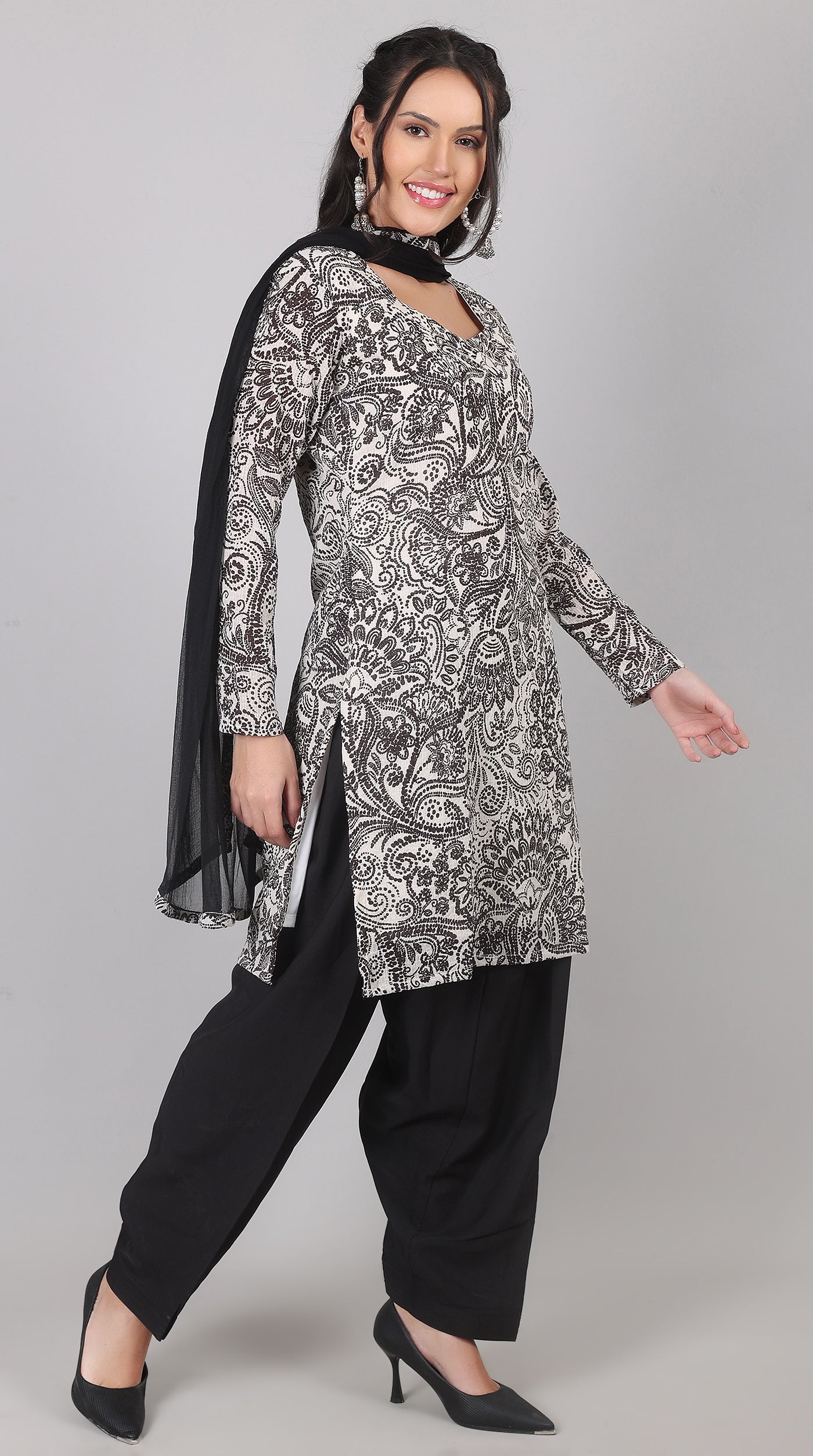 White Georgette Suit with Black Chiffon Dupatta