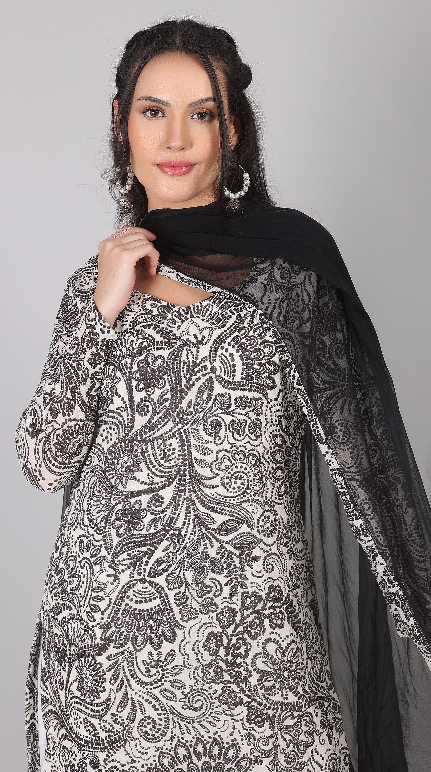 White Georgette Suit with Black Chiffon Dupatta