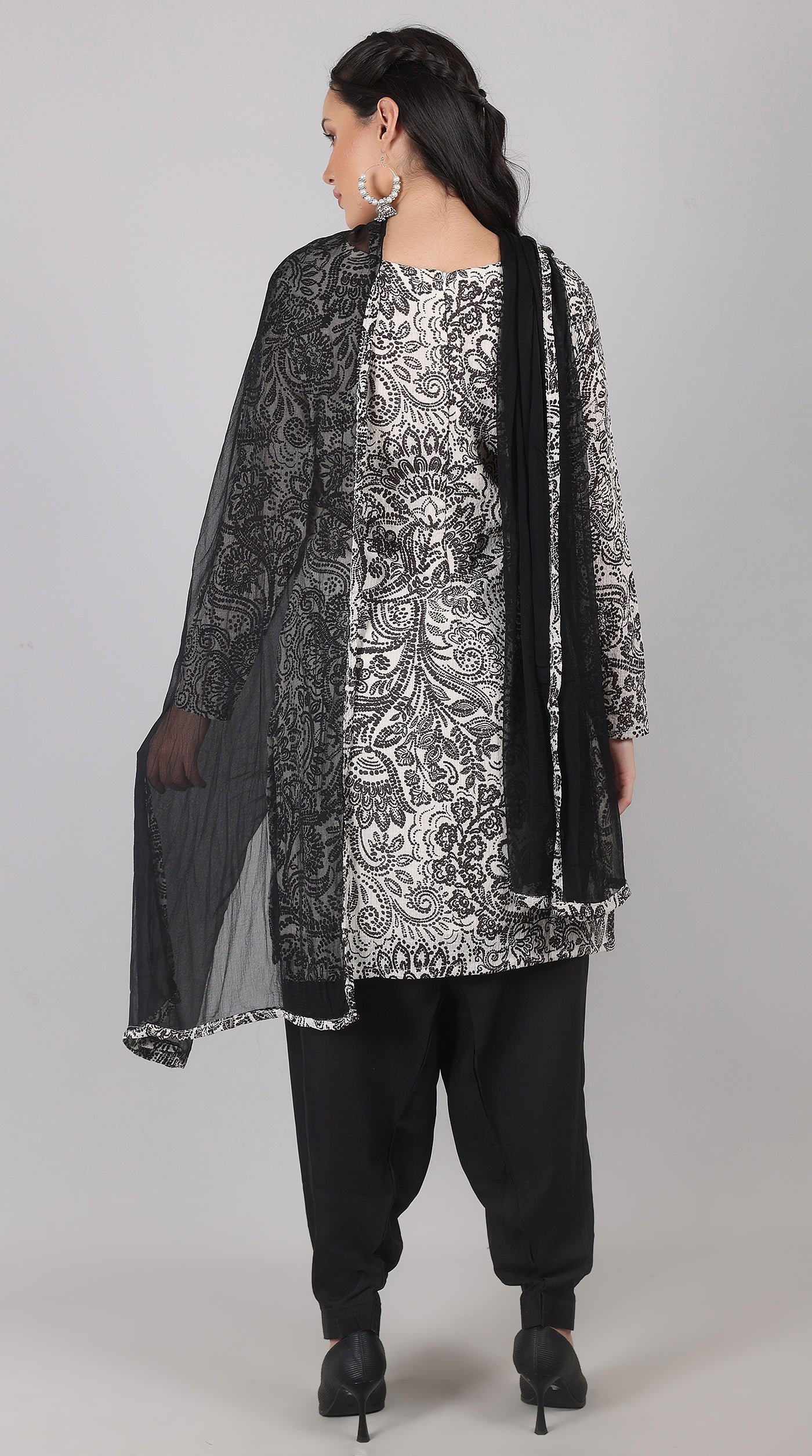 White Georgette Suit with Black Chiffon Dupatta