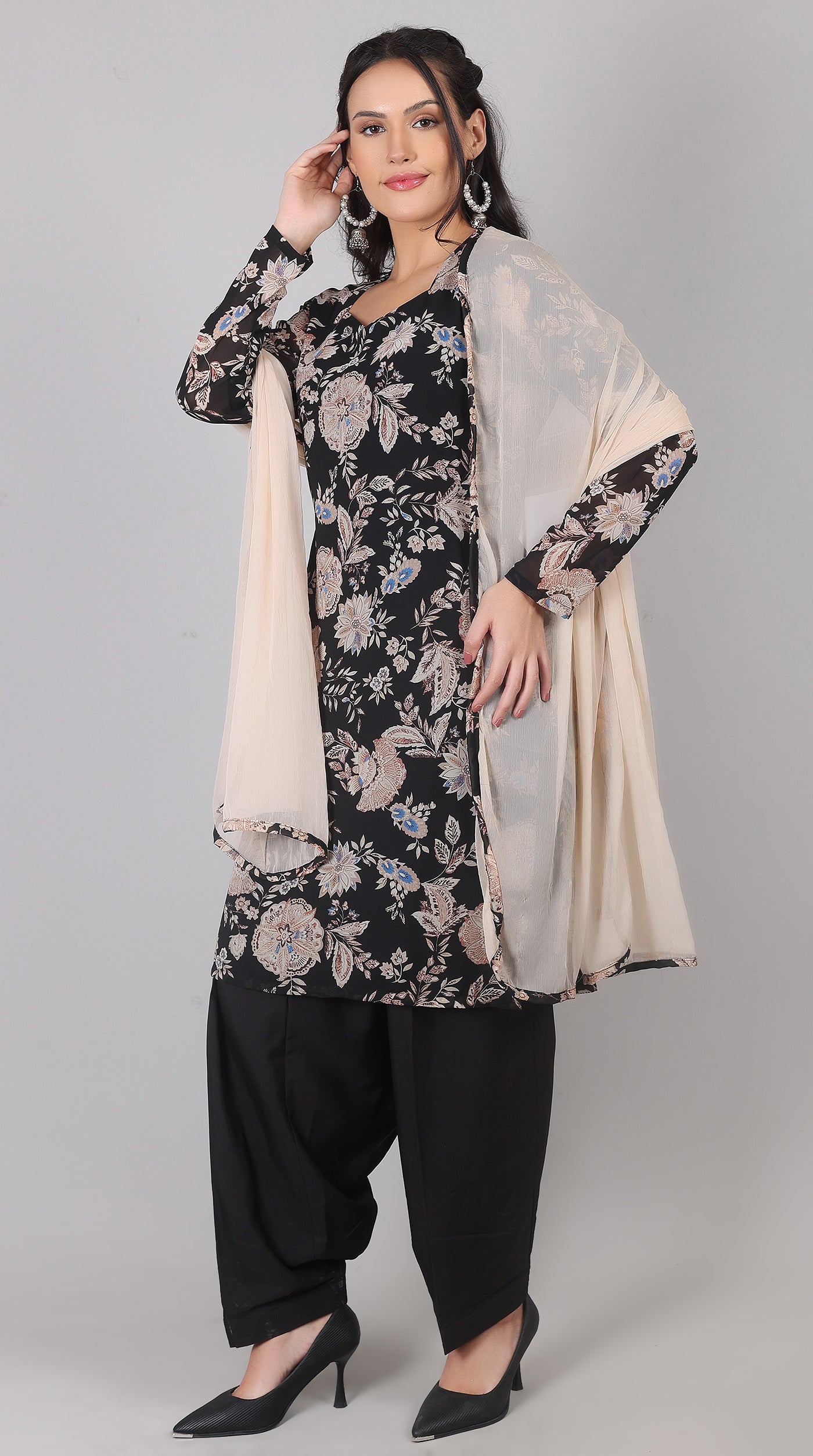 Black Georgette Salwar Suit with Beige Chiffon Dupatta