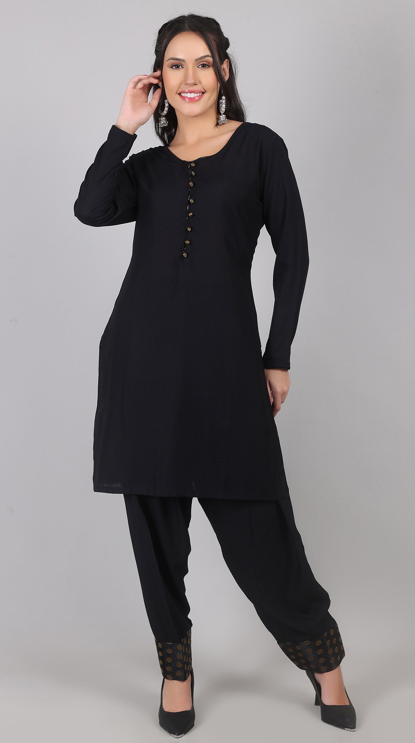 Black Rayon Suit Set With Foil Print Dupatta