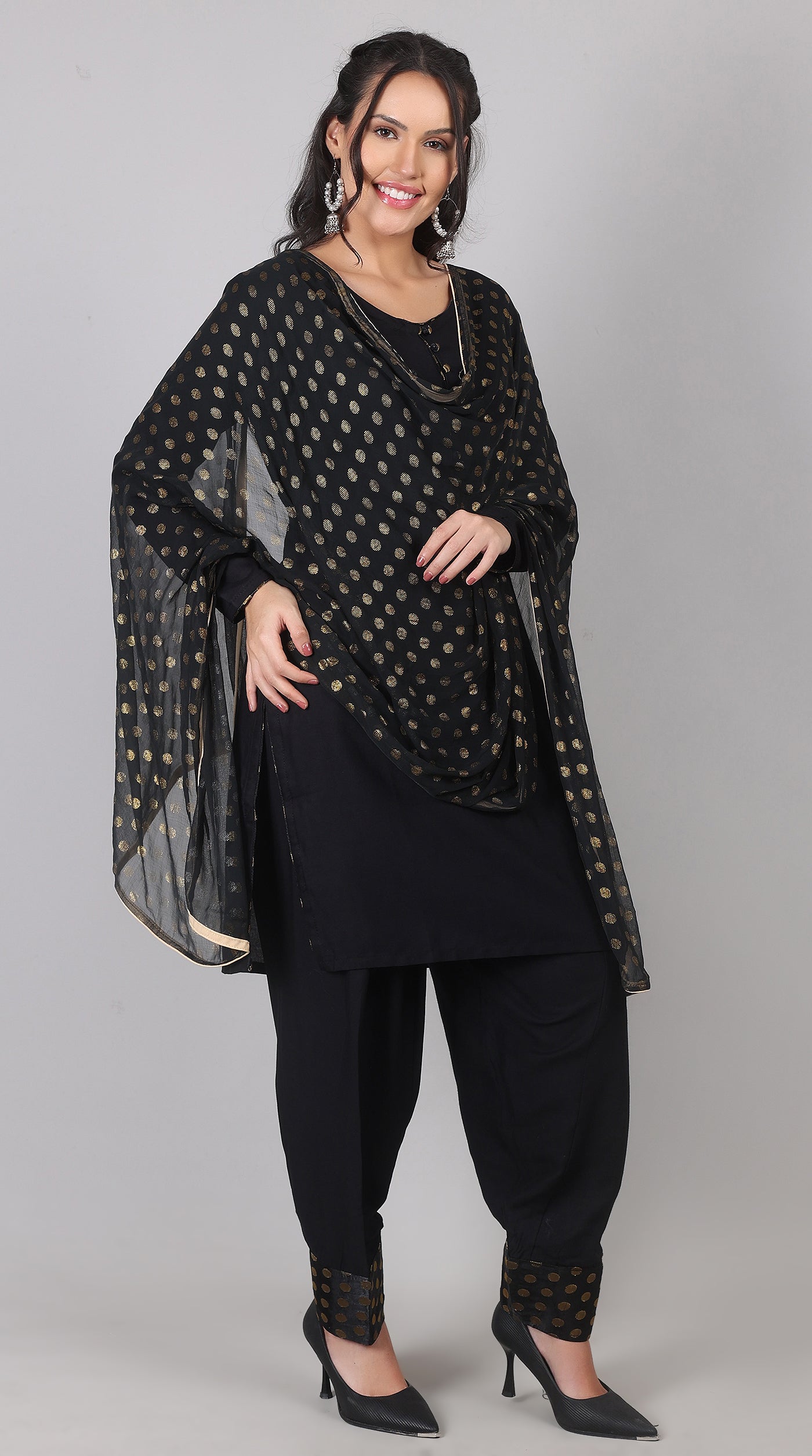 Black Rayon Suit Set With Foil Print Dupatta