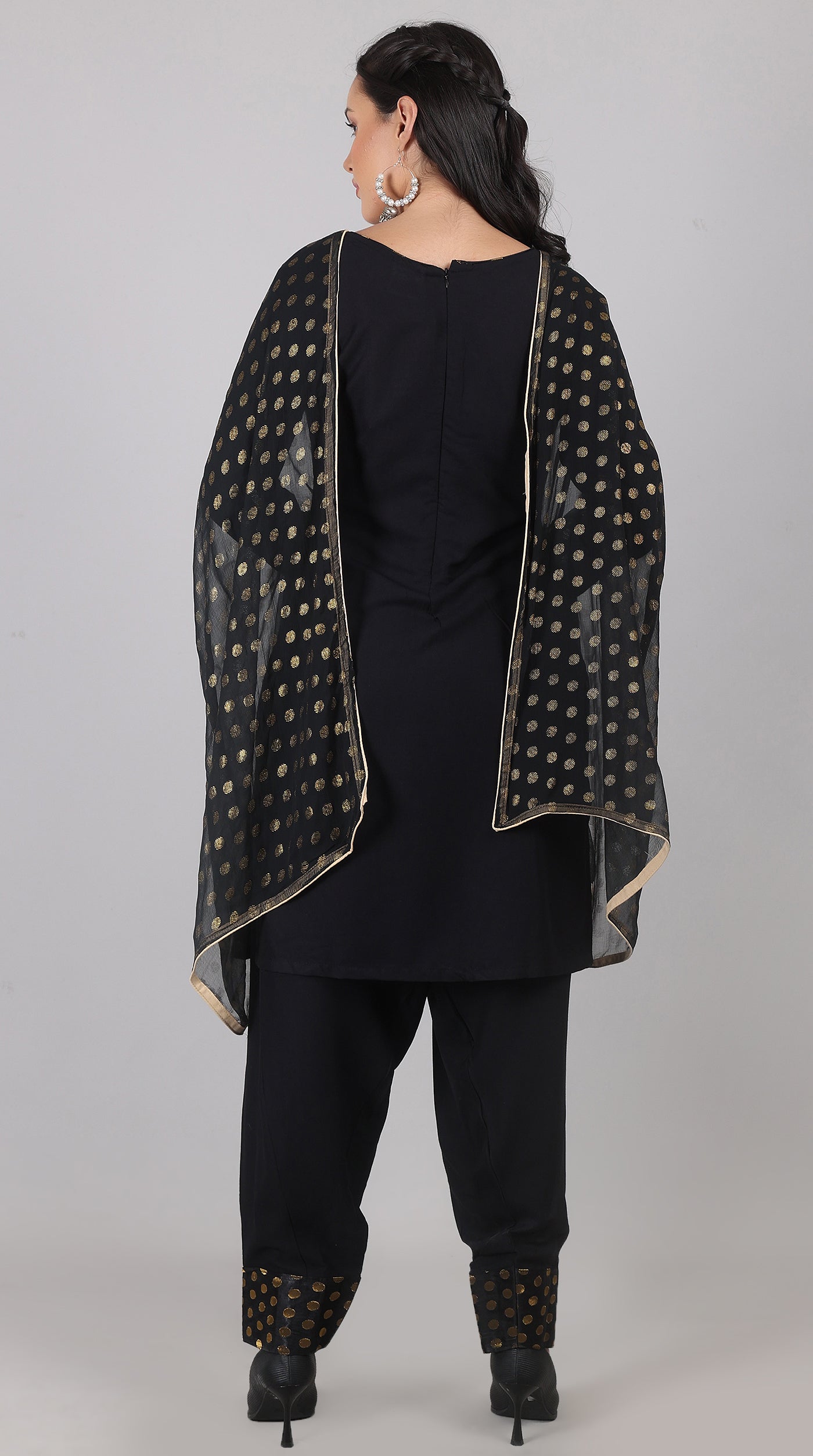 Black Rayon Suit Set With Foil Print Dupatta