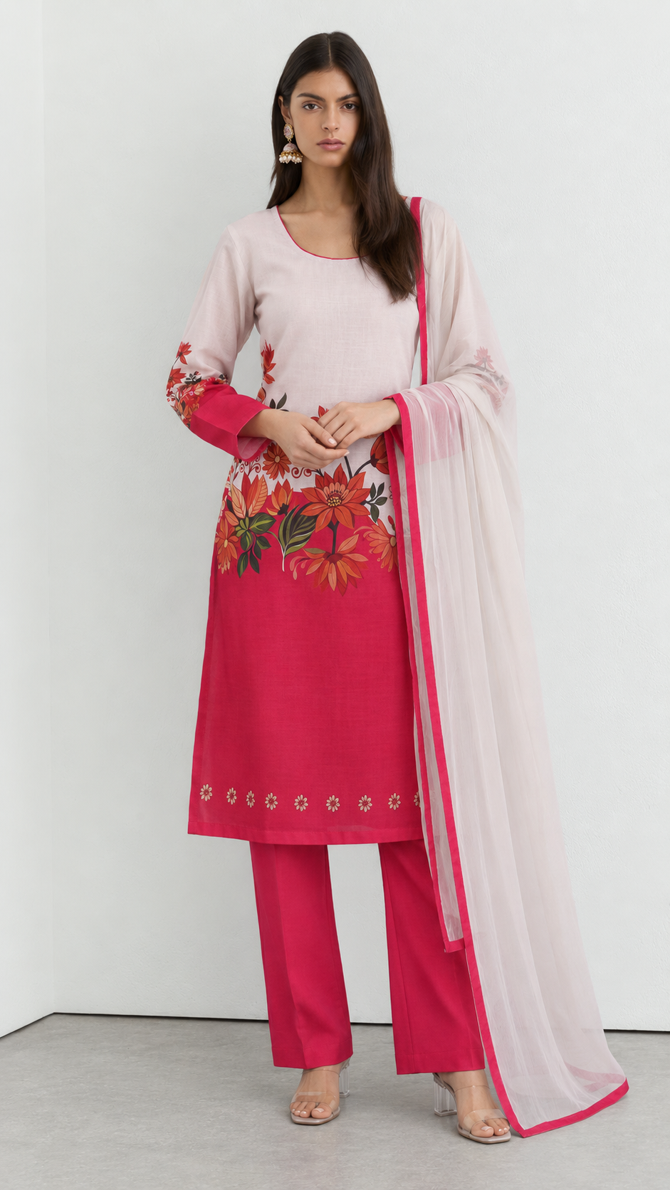 White and pink floral printed rayon suit set with chiffon dupatta