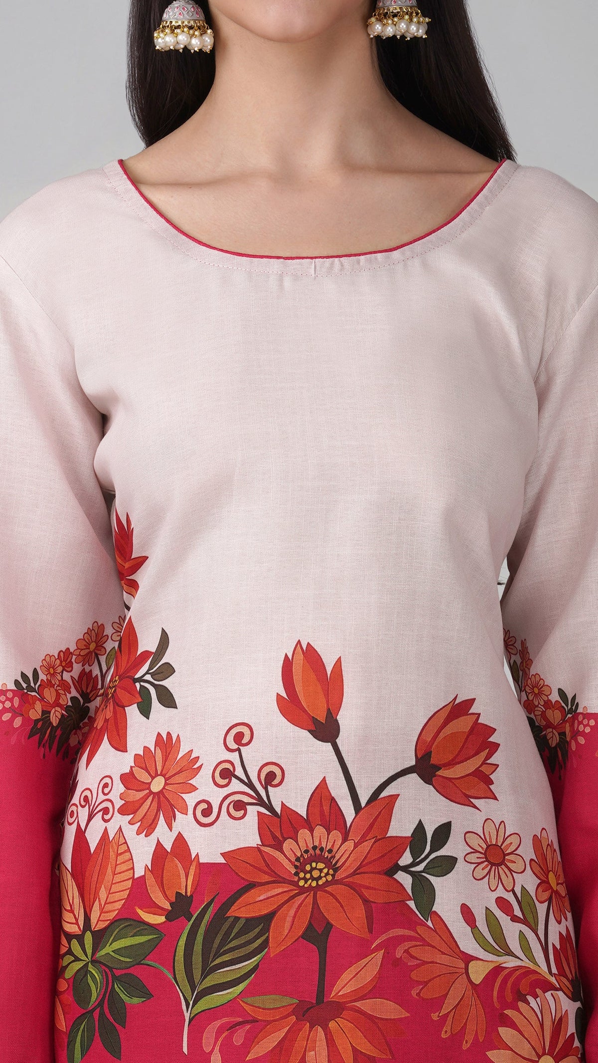 White and pink floral printed rayon suit set with chiffon dupatta