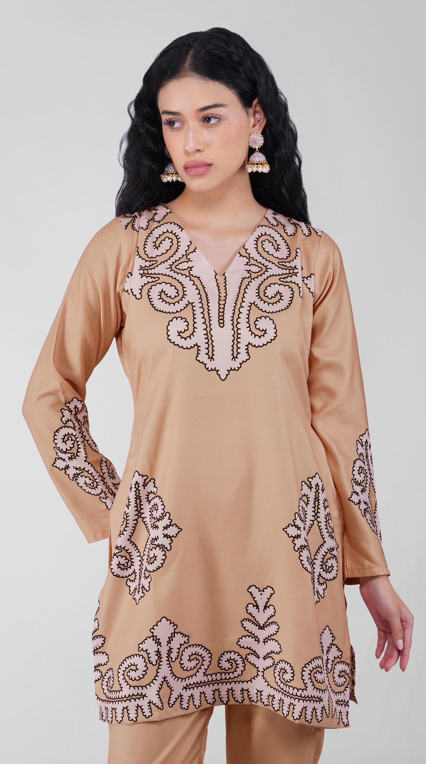 Back view of beige printed suit with lilac dupatta