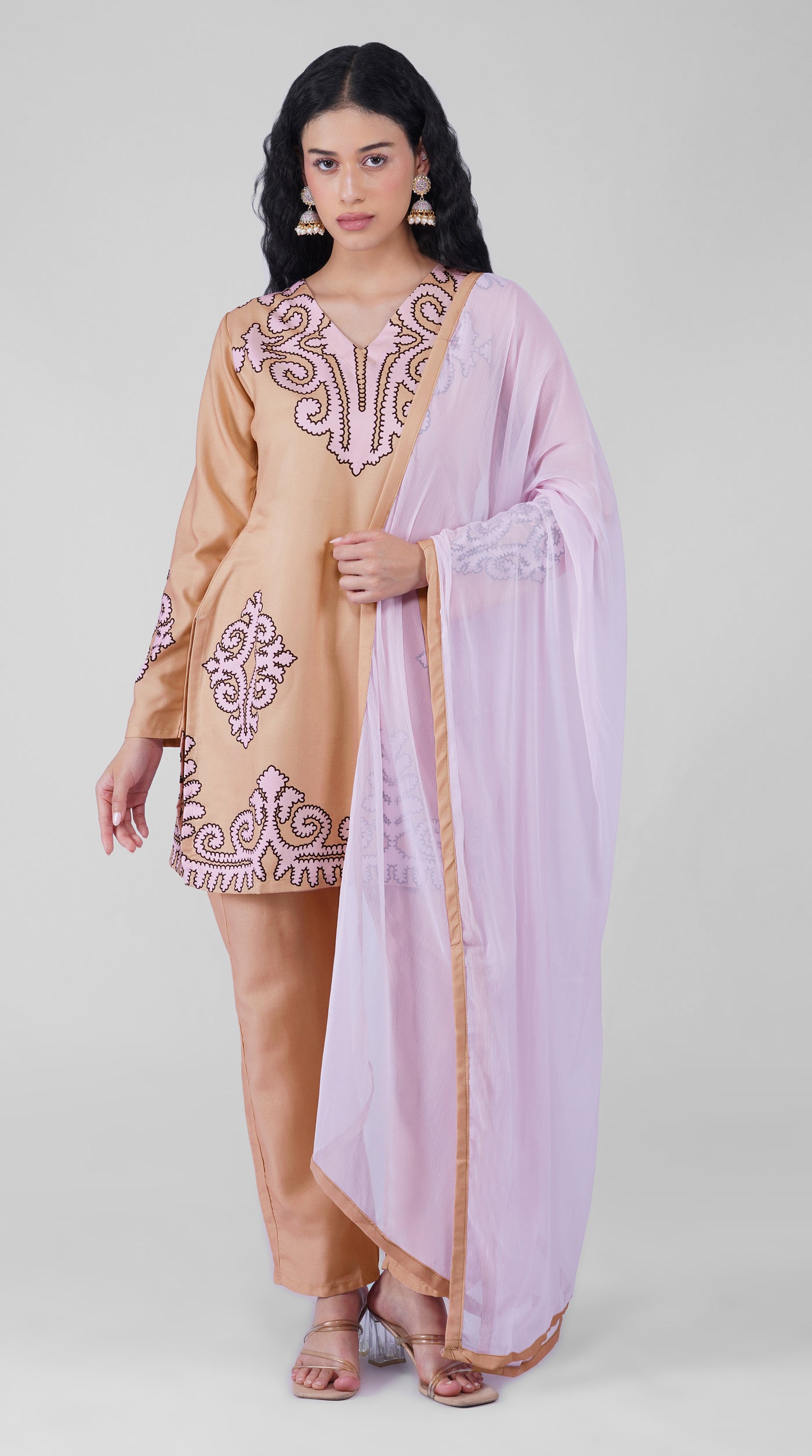 Beige printed rayon suit set with lilac chiffon dupatta