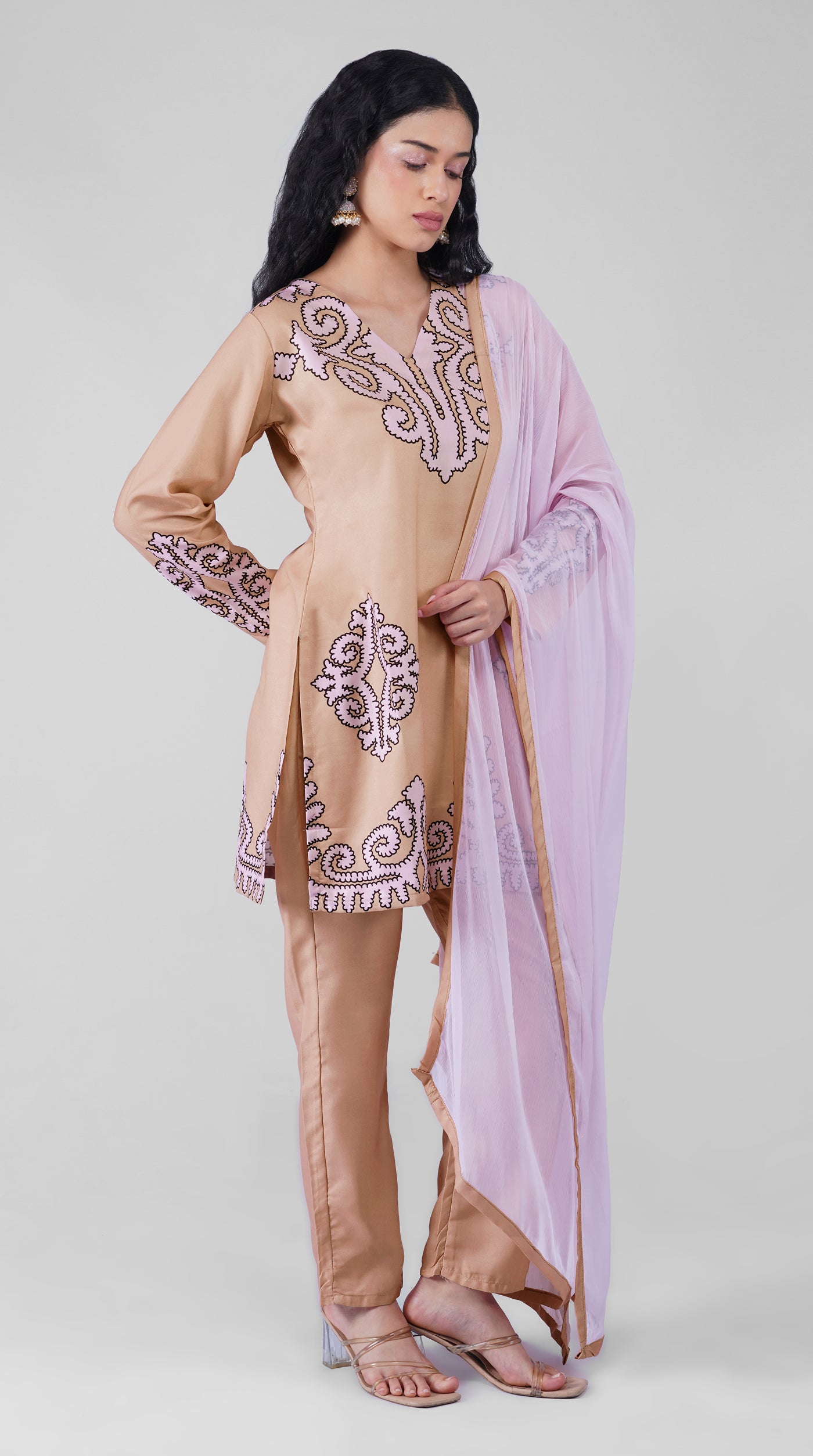Front view of beige printed rayon ethnic suit