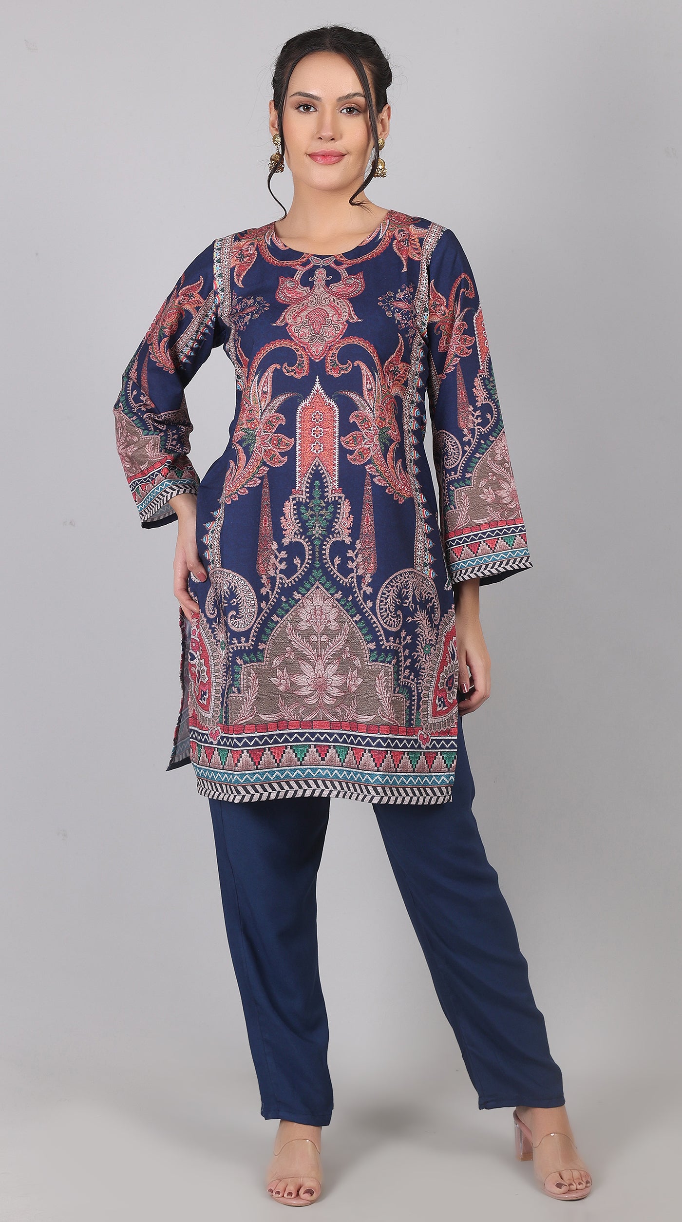 Navy Blue Rayon Printed Suit Set with Chiffon Dupatta