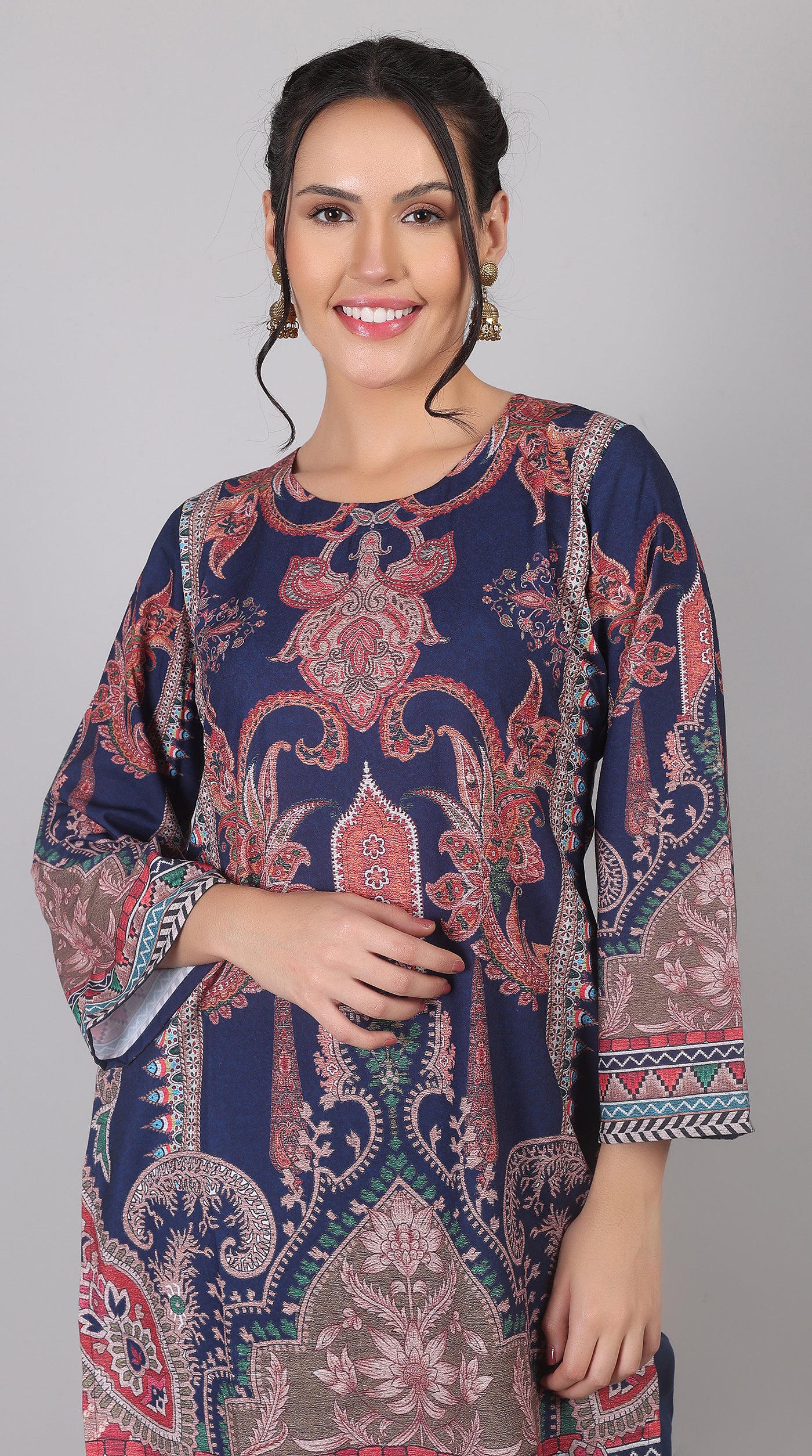 Navy Blue Rayon Printed Suit Set with Chiffon Dupatta