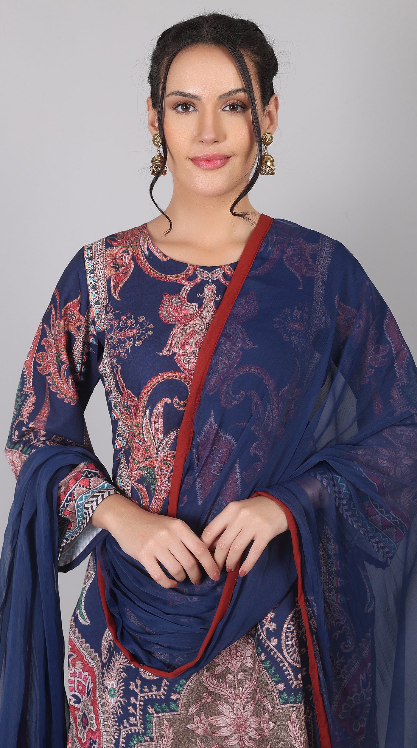 Navy Blue Rayon Printed Suit Set with Chiffon Dupatta