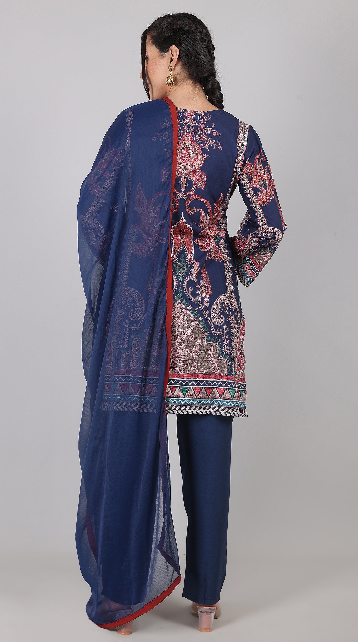 Navy Blue Rayon Printed Suit Set with Chiffon Dupatta