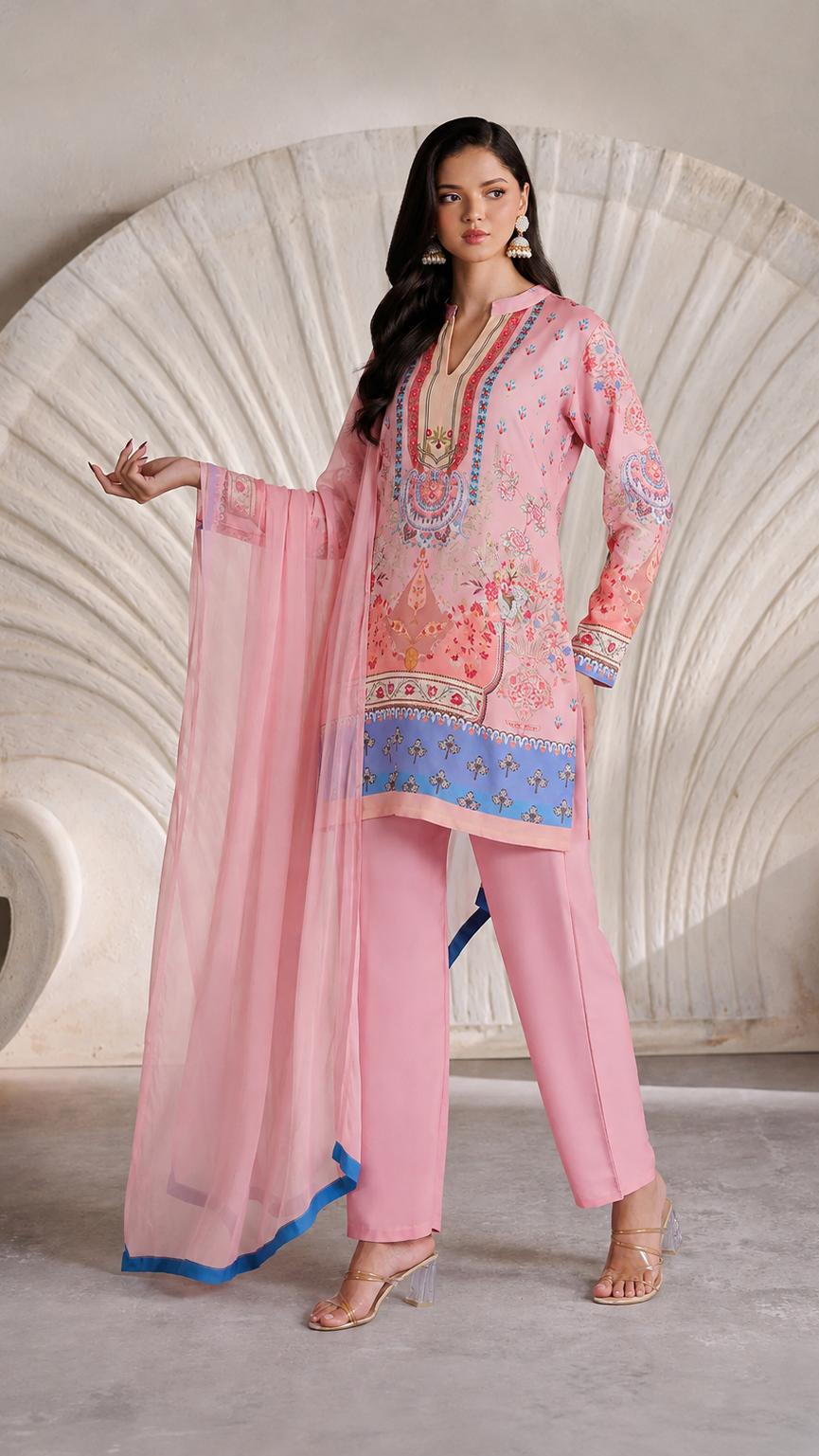 Pink printed salwar kameez suit with straight trousers and sheer matching dupatta with blue trim