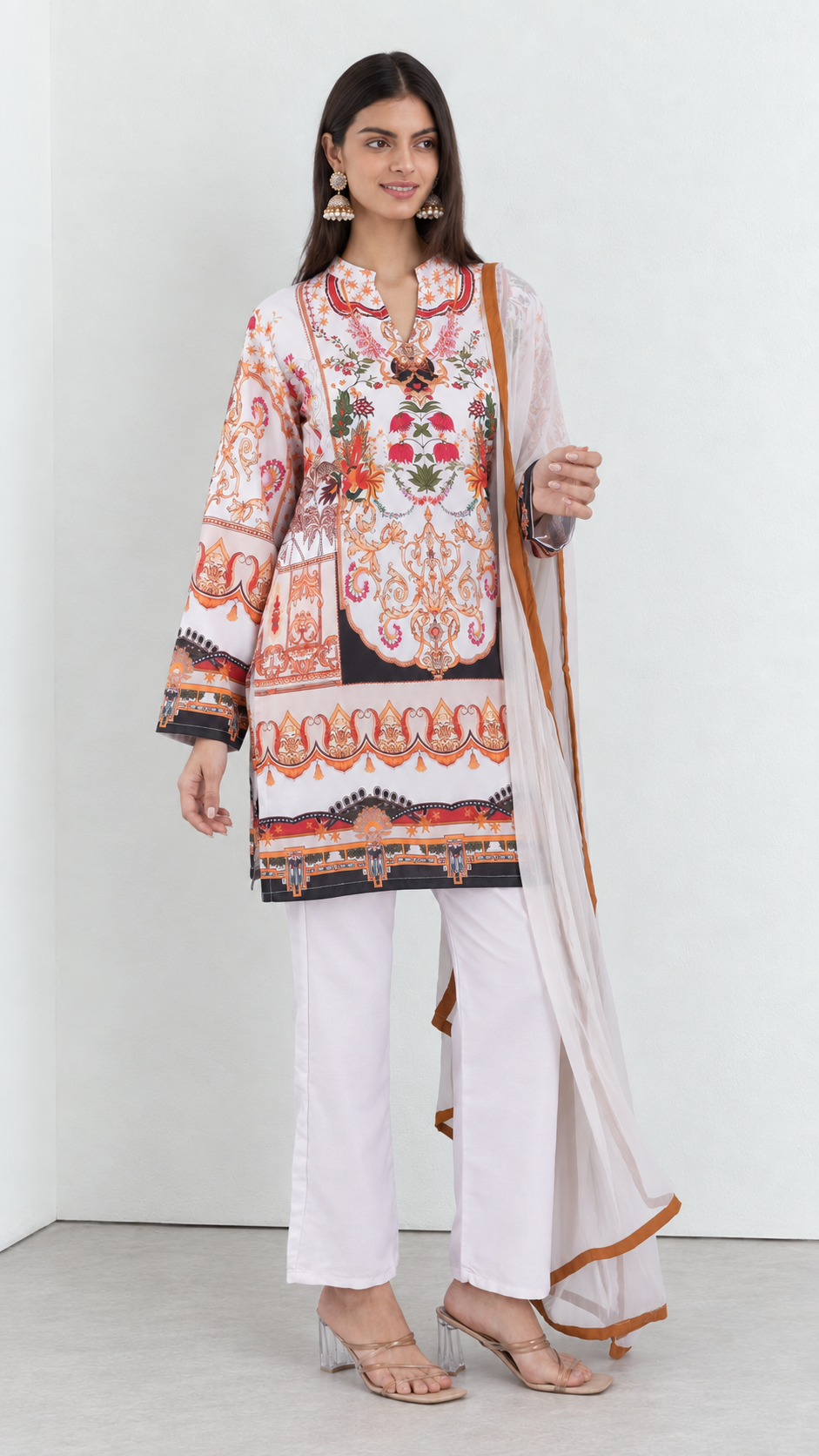 Ivory floral rayon ethnic suit set with matching dupatta