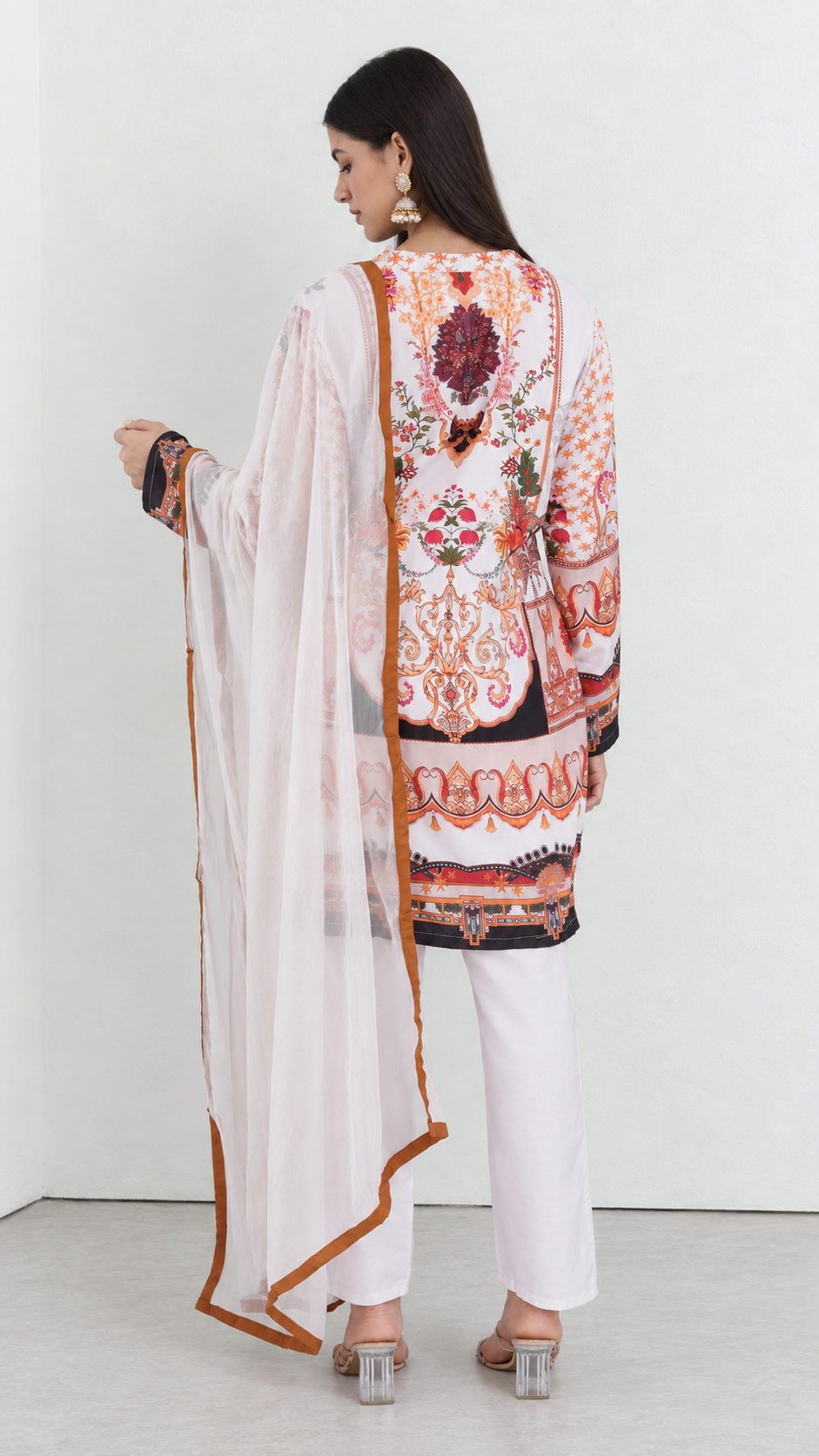 Ivory floral rayon ethnic suit set with matching dupatta