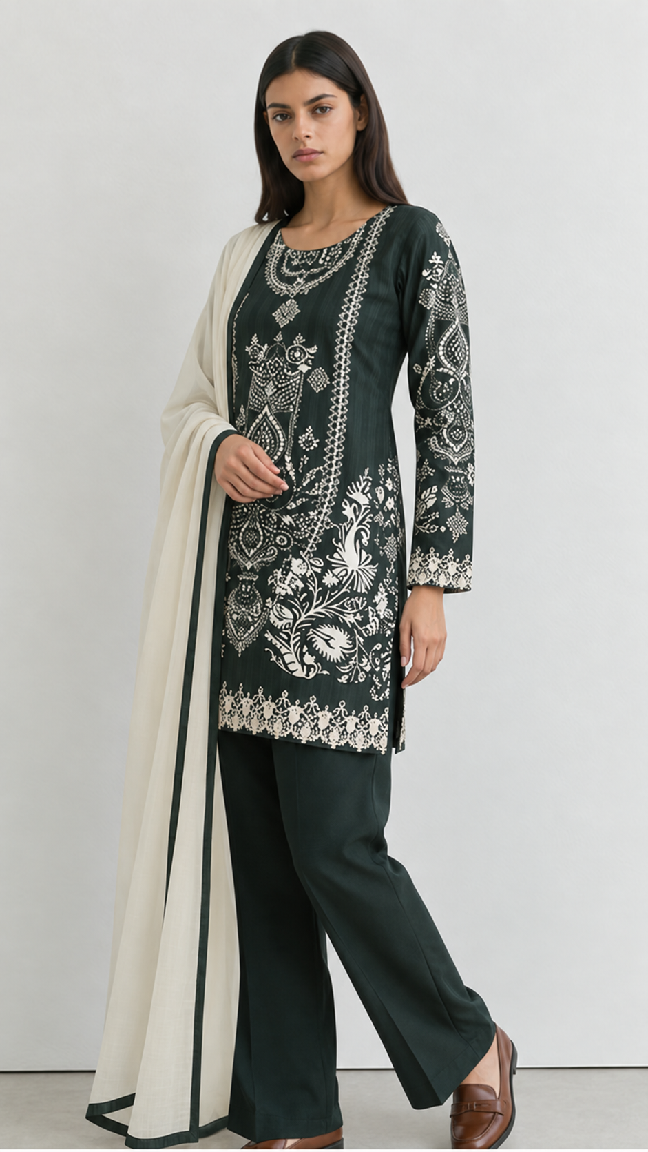 Dark Green Printed Kurta with trousers and contrast dupatta.