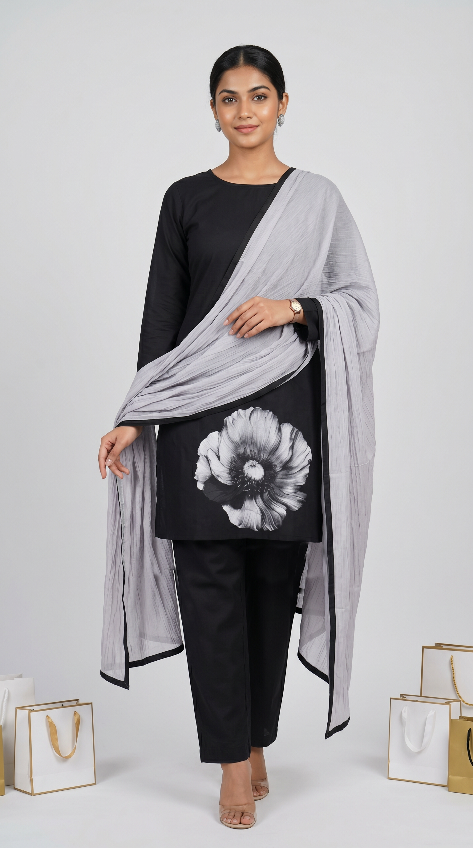 Black Rayon Printed Suit Set with Grey Chiffon Dupatta