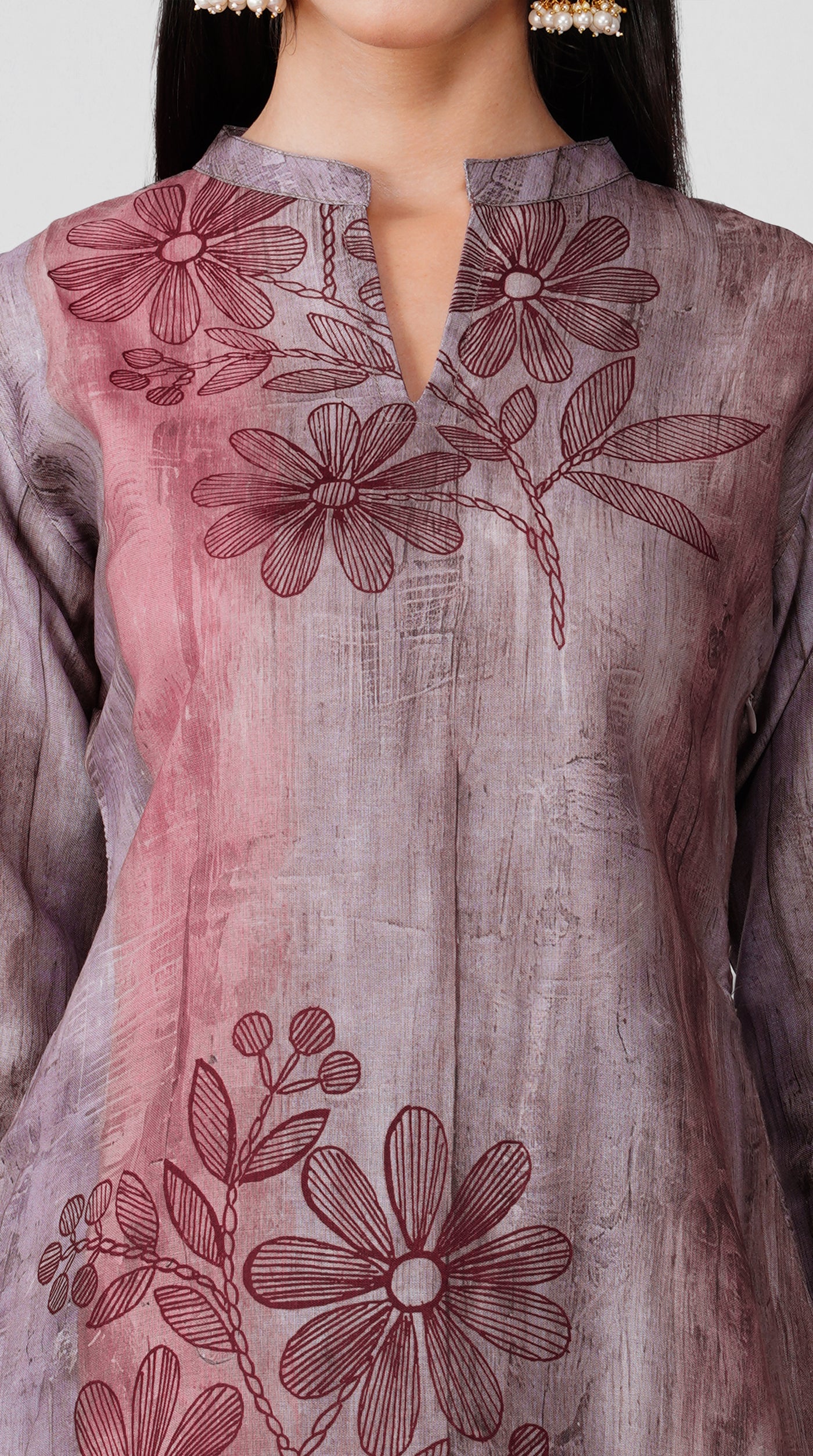Grey-Rust Printed Rayon Suit Set with Chiffon Dupatta